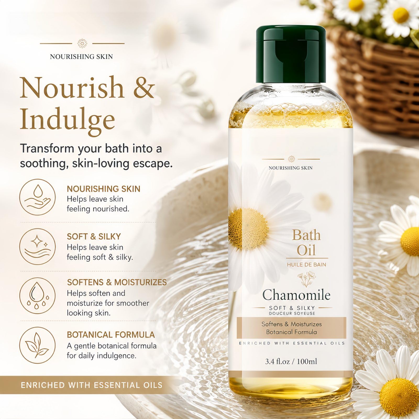 SanZhuan chamomile bath oil in a 3.4 fl oz bottle, moisturizing and hydrating body oil for dry skin, silky and lightweight for relaxing baths.