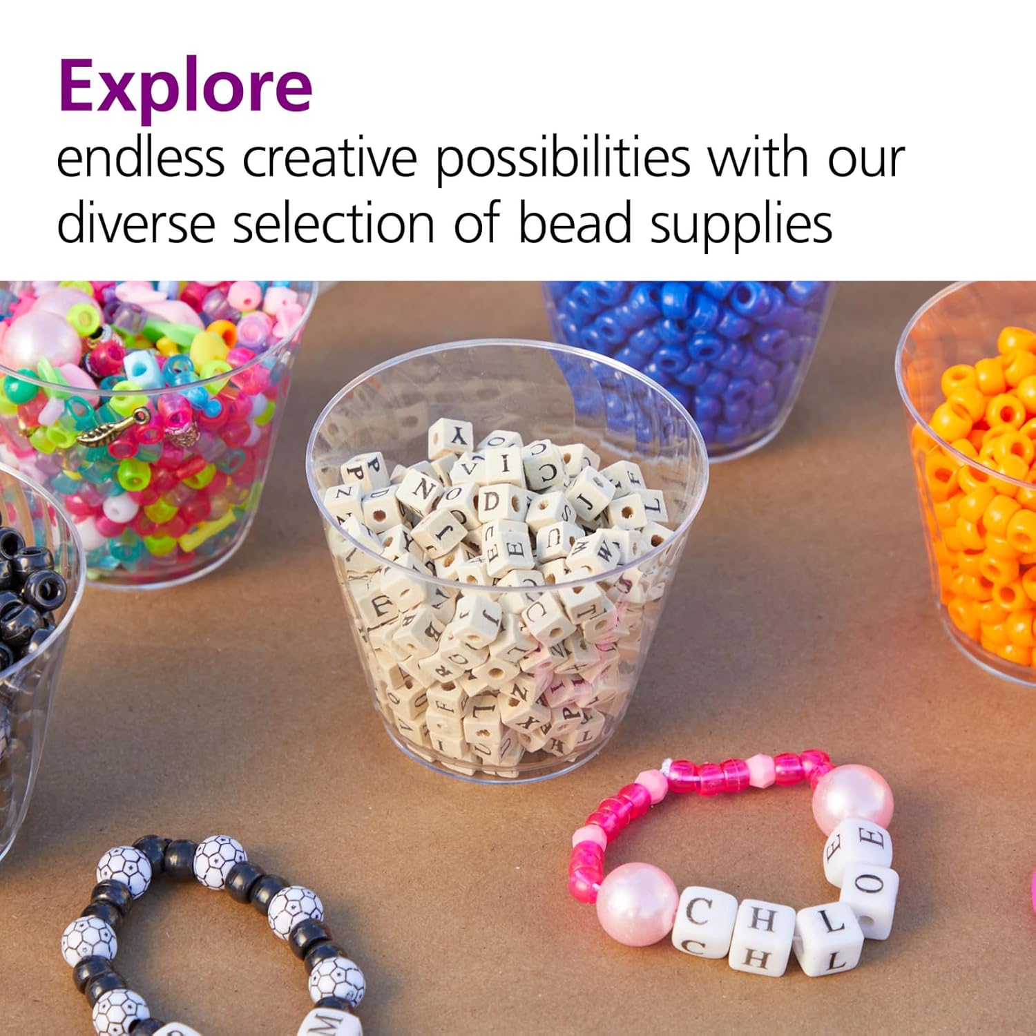 Colorations Big Letter Beads in vibrant plastic, 300 pieces for arts and crafts, featuring colorful alphabet characters.