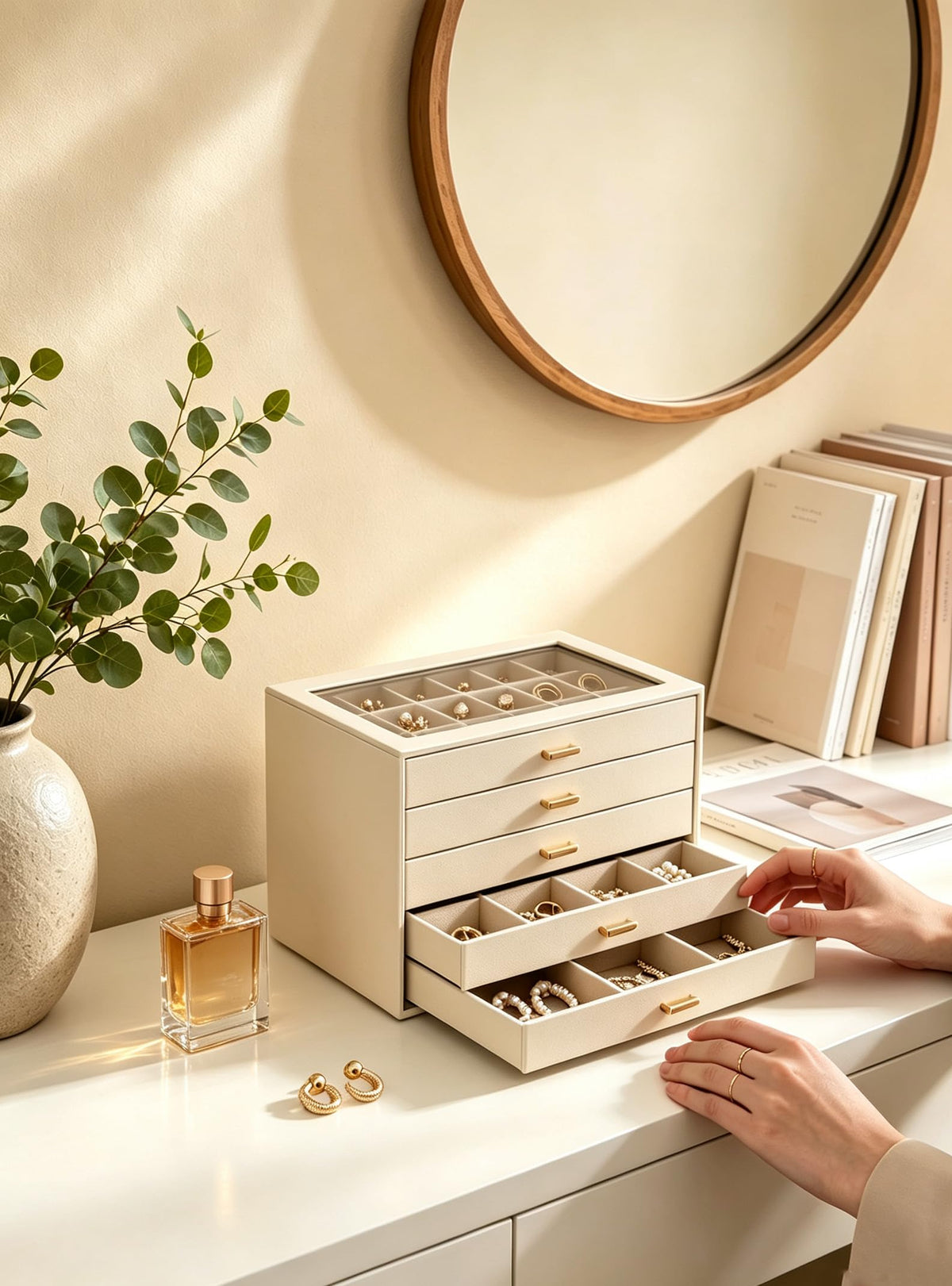 Lolalet Earring Organizer Jewelry Box with Clear Lid Beige 5 - Lolalet Official Imagery - 3