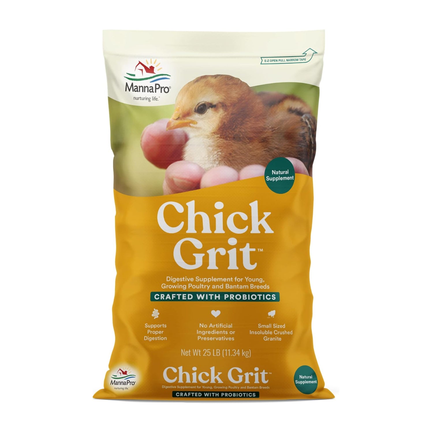 Manna Pro Chick Grit Digestive Supplement for young poultry and bantams, 5 lbs bag, showing gritty texture and packaging.