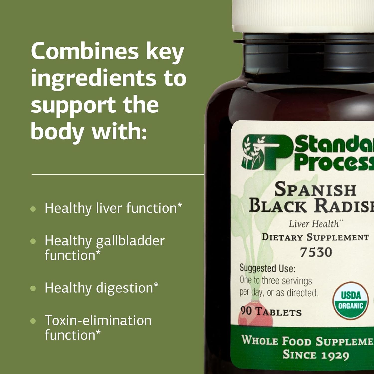 Standard Process Spanish Black Radish dietary supplement bottles with 90 tablets, promoting liver health and detoxification.