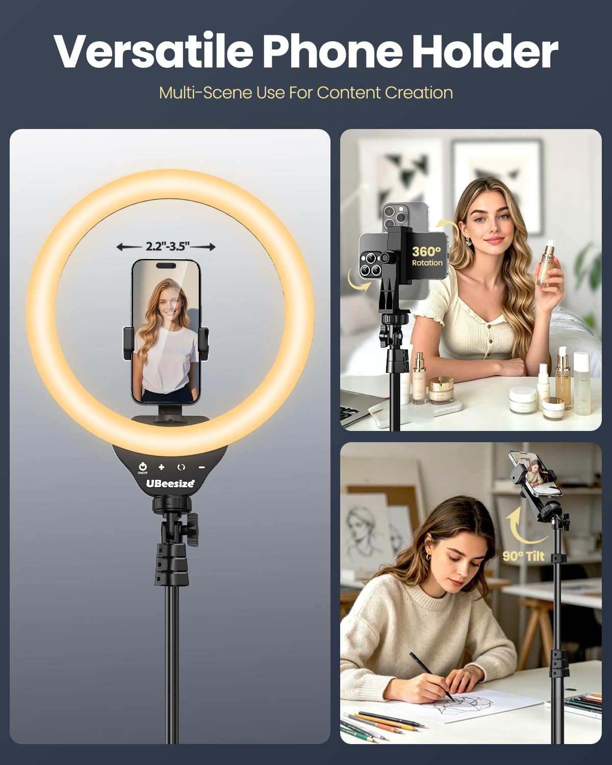 UBeesize 12 LED Ring Light with 62 Tripod Stand Phone Holder - UBeesize Official Imagery - 7