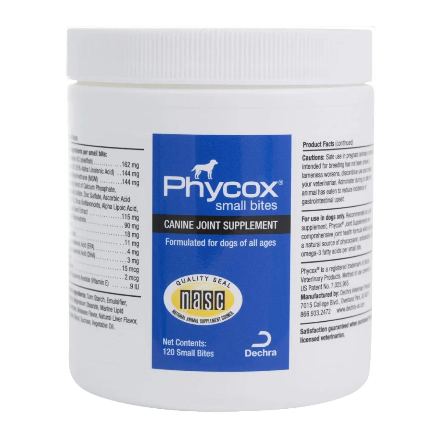 PhyCox small dog joint supplement bites in a jar, 120 count, showing soft chew treats for canine joint support.