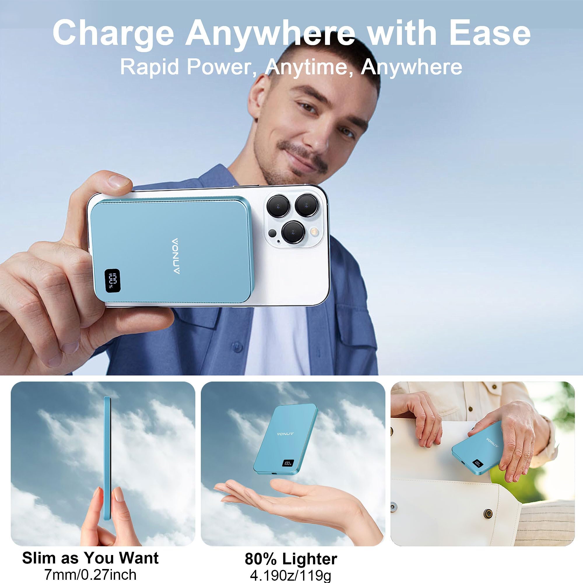 VONUV Magnetic Portable Charger 5000mAh, 15W Ultra Slim Wireless - VONUV Official Product View 6