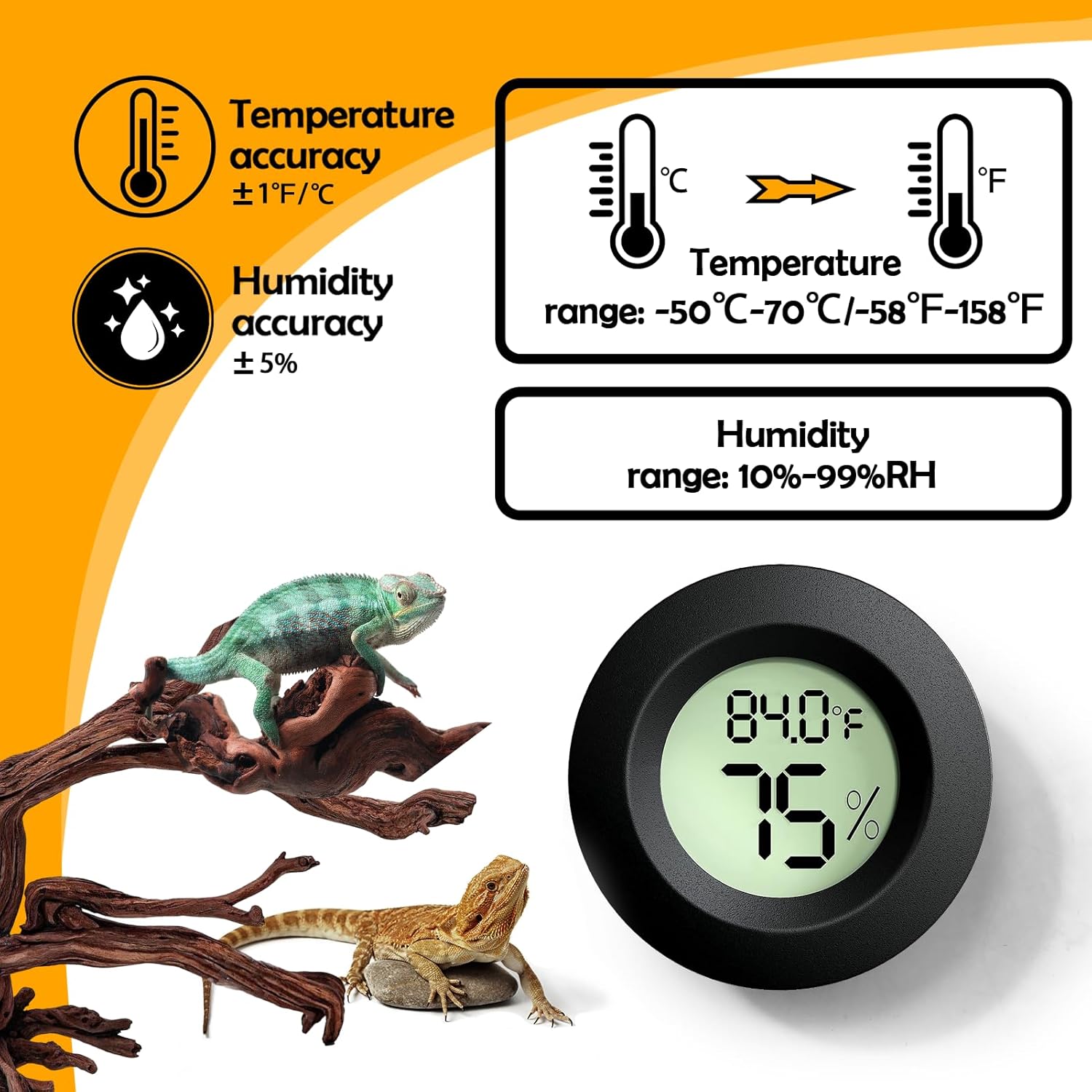Two BSRESIN reptile thermometer and humidity gauge accessories for reptile tanks, showing digital displays and measurement probes.