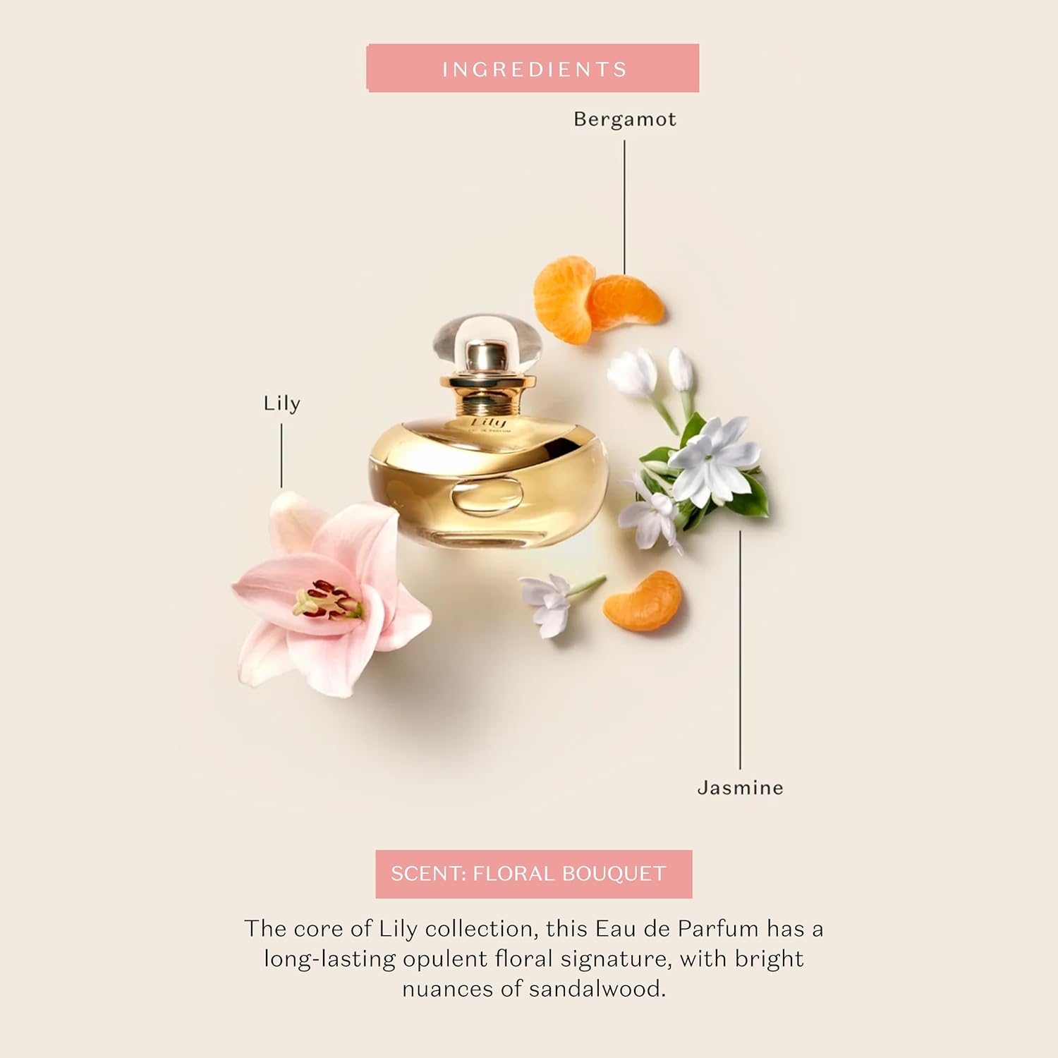 O BOTICARIO Lily Eau de Parfum bottle, 2.5 oz, long-lasting floral fragrance for women with elegant packaging