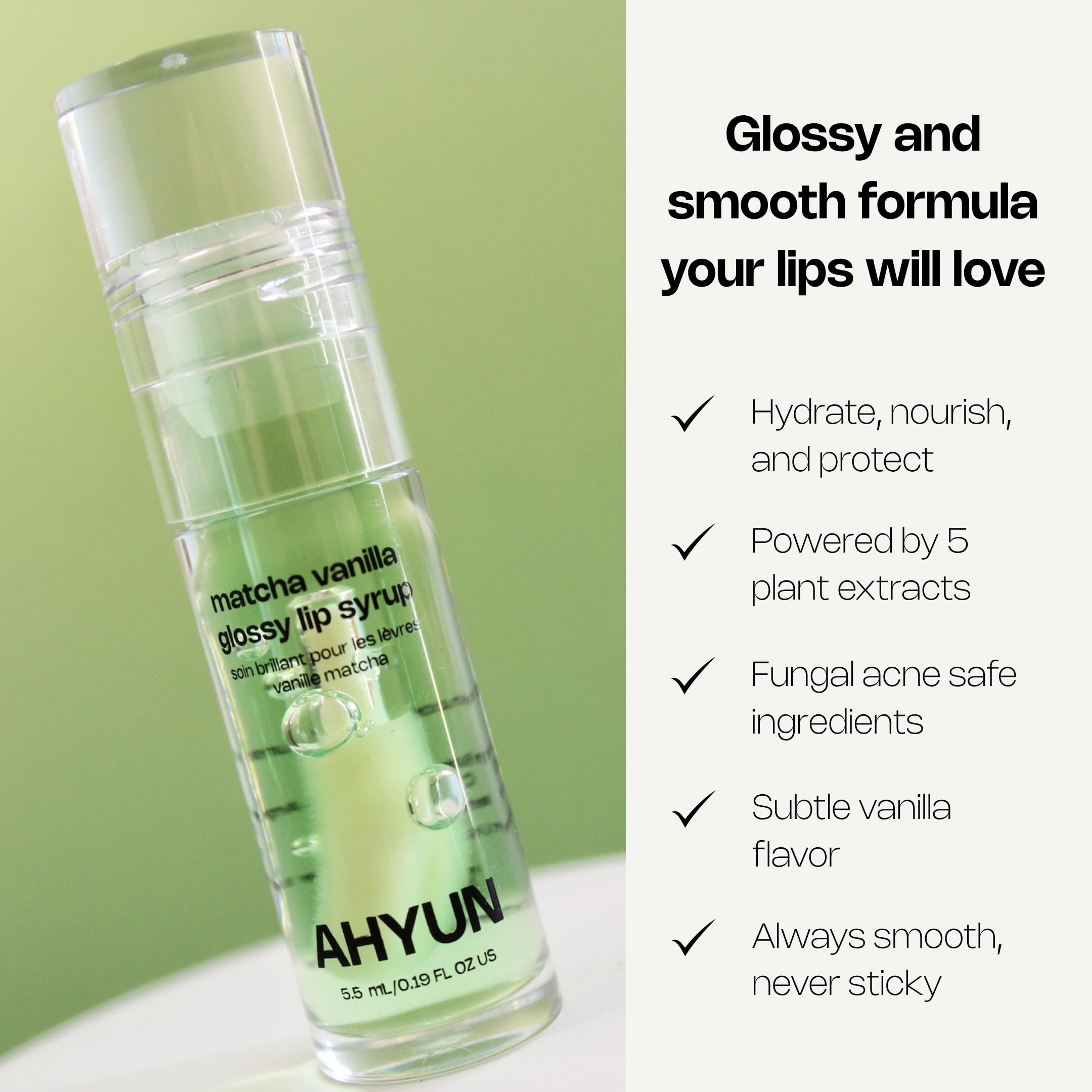 AHYUN Matcha Vanilla Glossy Lip Syrup - Fungal Acne Safe Non Sticky Barrier Ca - AHYUN Official Product View 3