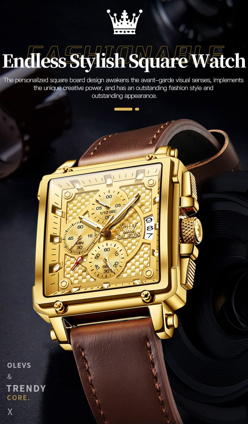 OLEVS Men's Square Chronograph Watch Brown Leather Gold Dial