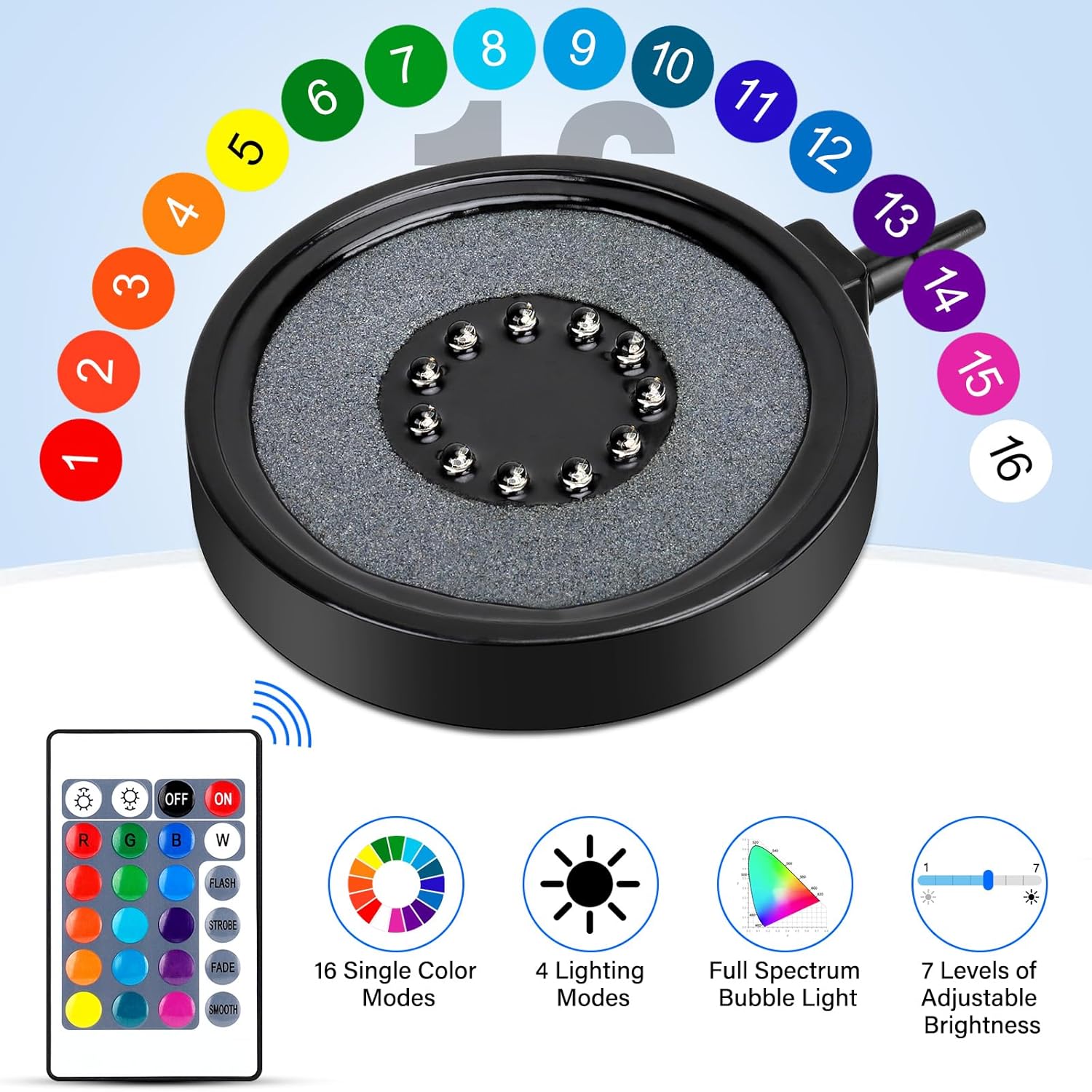 Fishkeeper aquarium air bubble LED light showcasing colorful bubbles rising from a stone disk in a fish tank.