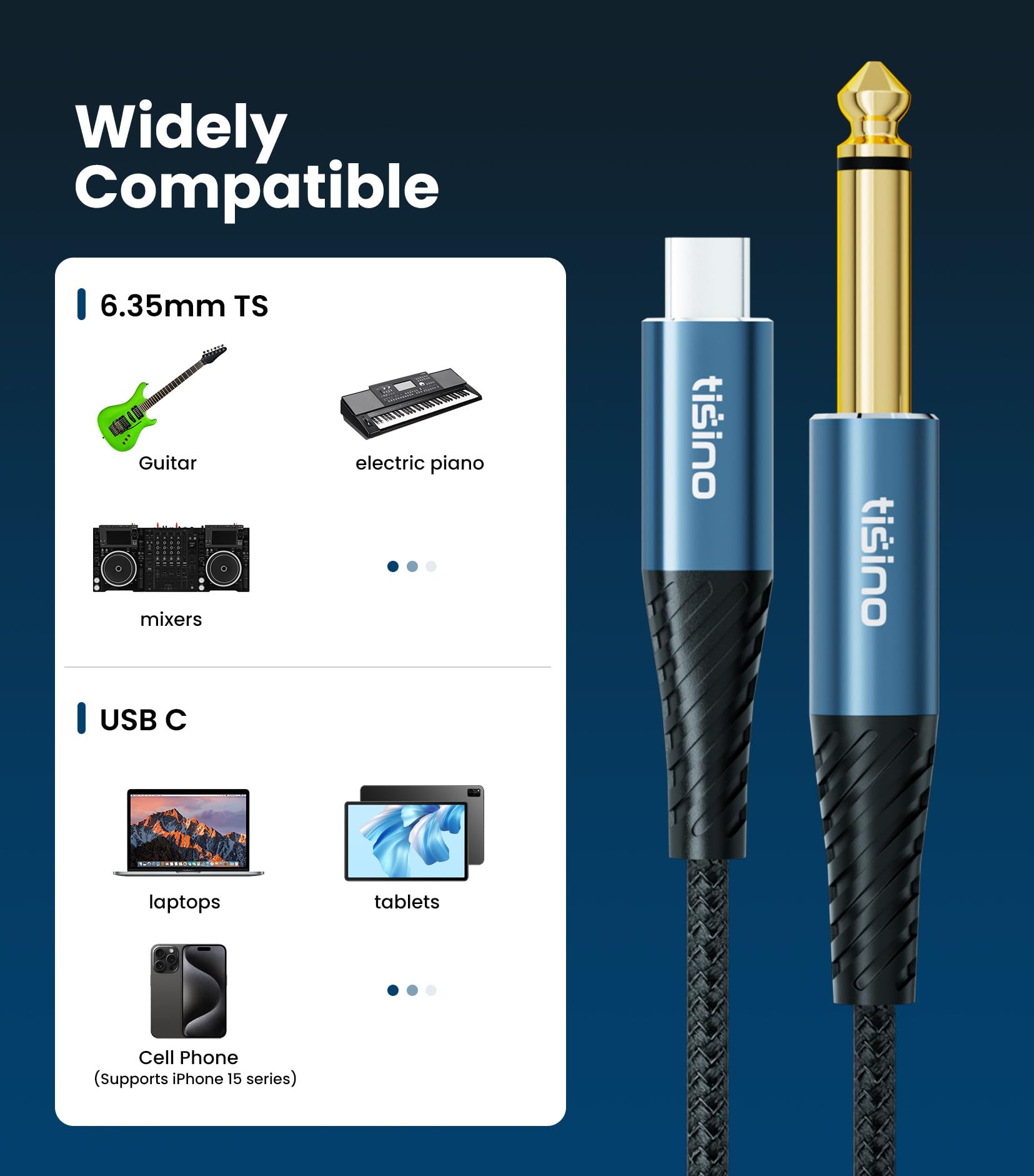 Tisino 1/4" TS to USB-C Guitar/Instrument Recording Cable, 6.6FT/ by Tisino - Angle View 6