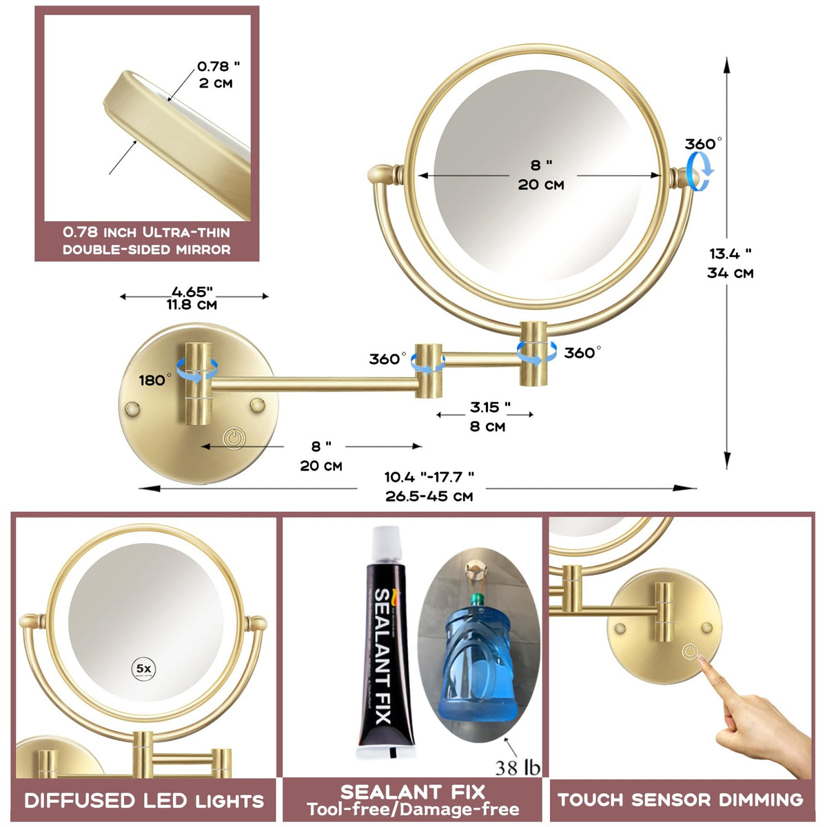 Lighted Makeup Mirror Wall Mounted Gold Double Sided 1 5X - RECKODOR Official Imagery - 3