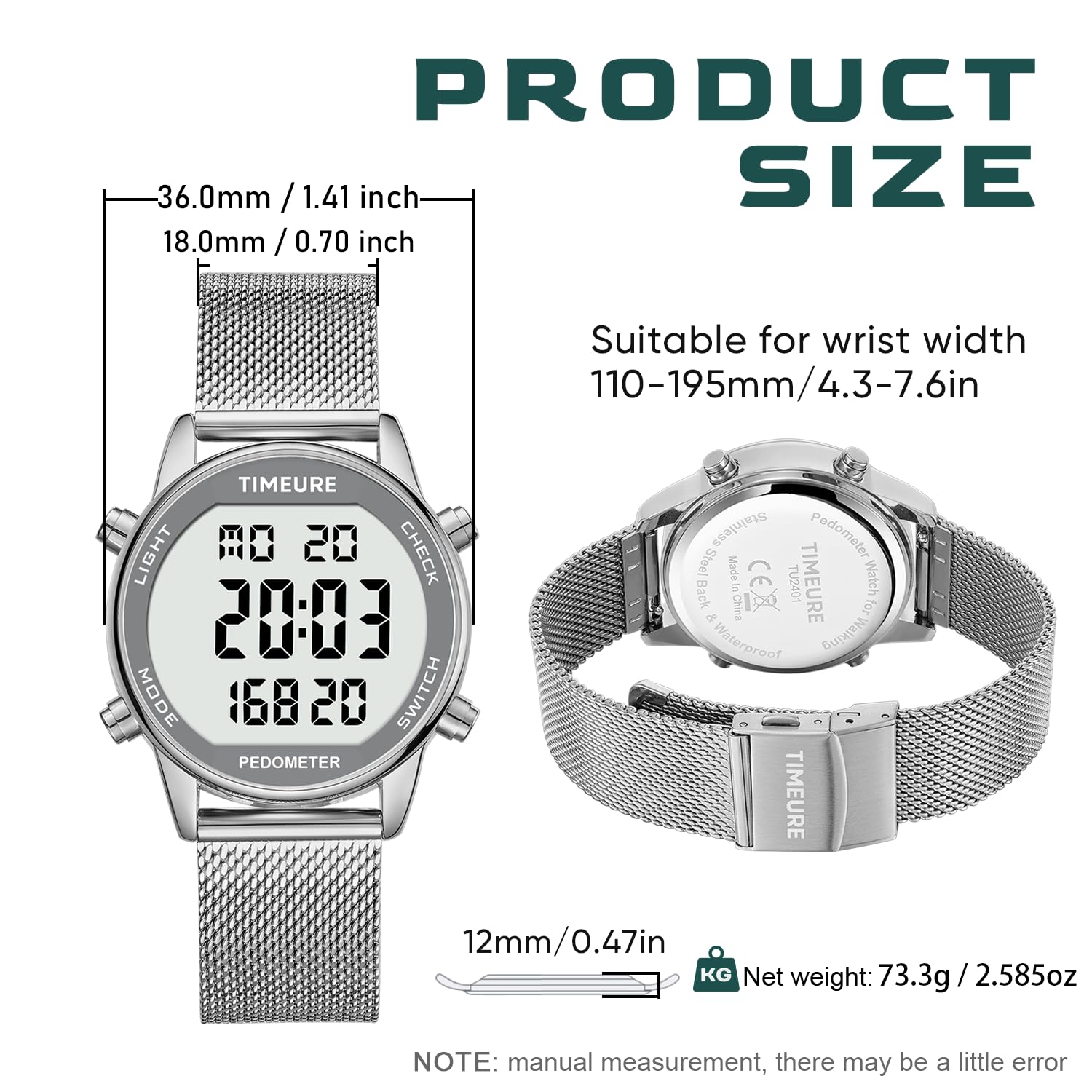 TIMEURE Pedometer Watch Women | Step Counter, No App Needed