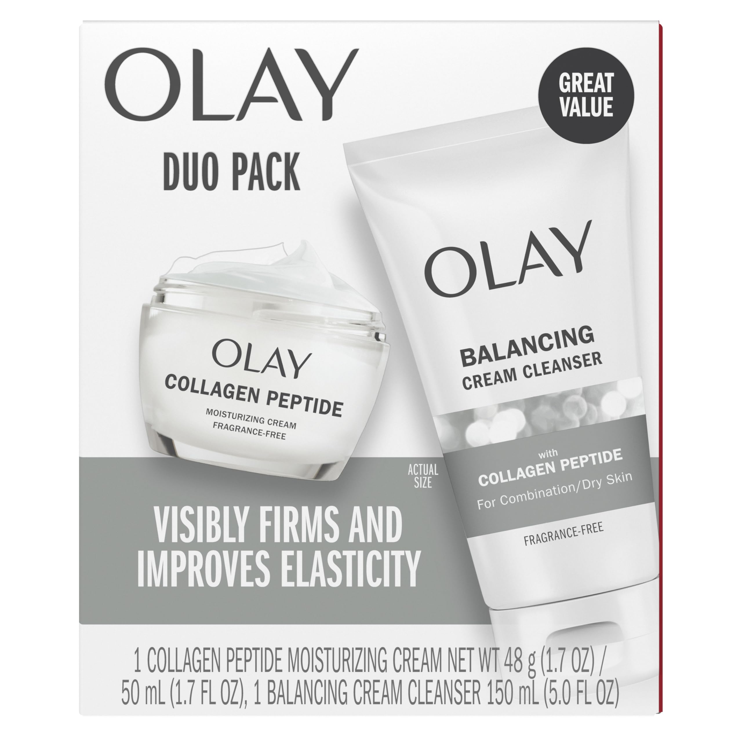 Olay Collagen Peptide Duo Pack Face Wash and Moisturizer Set, Fragrance Free Skincare Routine Set with Balancing Cream Cleanser 5 fl oz and Moisturizing Cream 1.7 oz for Normal Skin