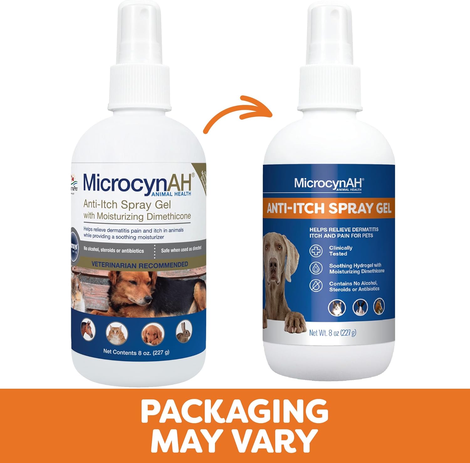 MicrocynAH Anti-Itch Spray Gel by Manna Pro, soothing hydrogel with dimethicone for relief of itching in horses and rabbits.