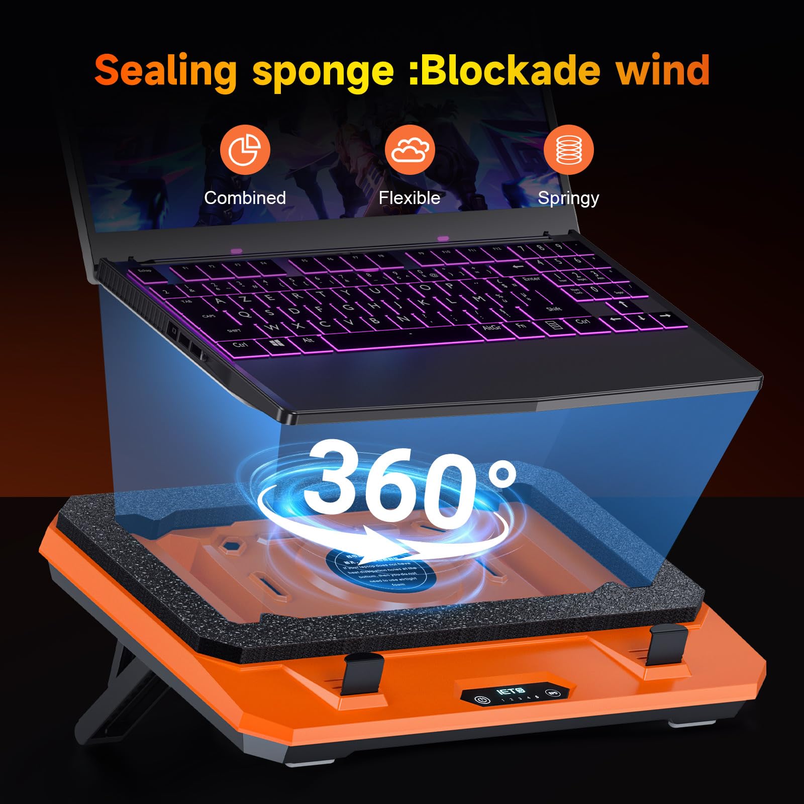 IETS GT300 Upgraded Laptop Cooling Pad with Adjustable Stand, Turbo Boosted Cooler for Rapid Cooling 10-17inch Gaming Laptop, Flexible Sealing Ring，Featuring Air Filtration and USB Hub