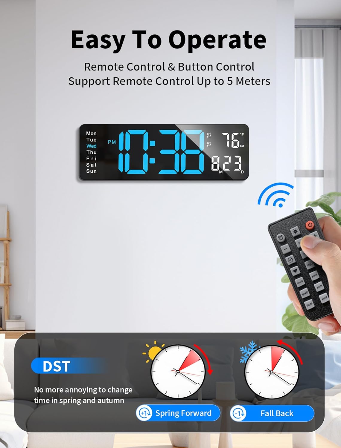 MASHI 16-inch digital wall clock with large display and remote control, showing time on a sleek modern clock face.