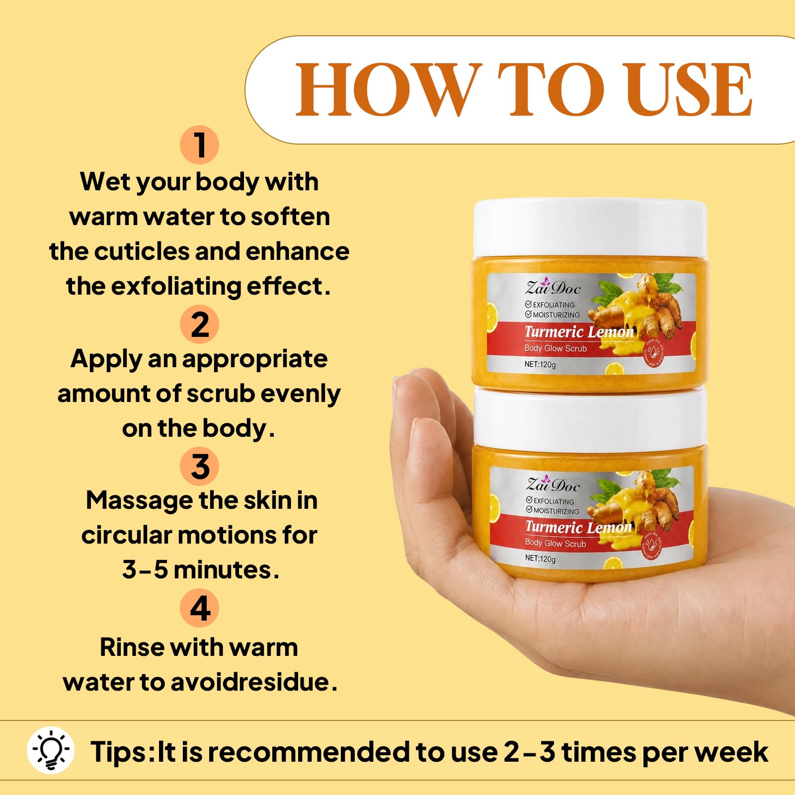 ZAIDOC 3Packs Turmeric Lemon Body Scrub, Exfoliating Body Polish with Aloe, - ZAIDOC Official Product View 6