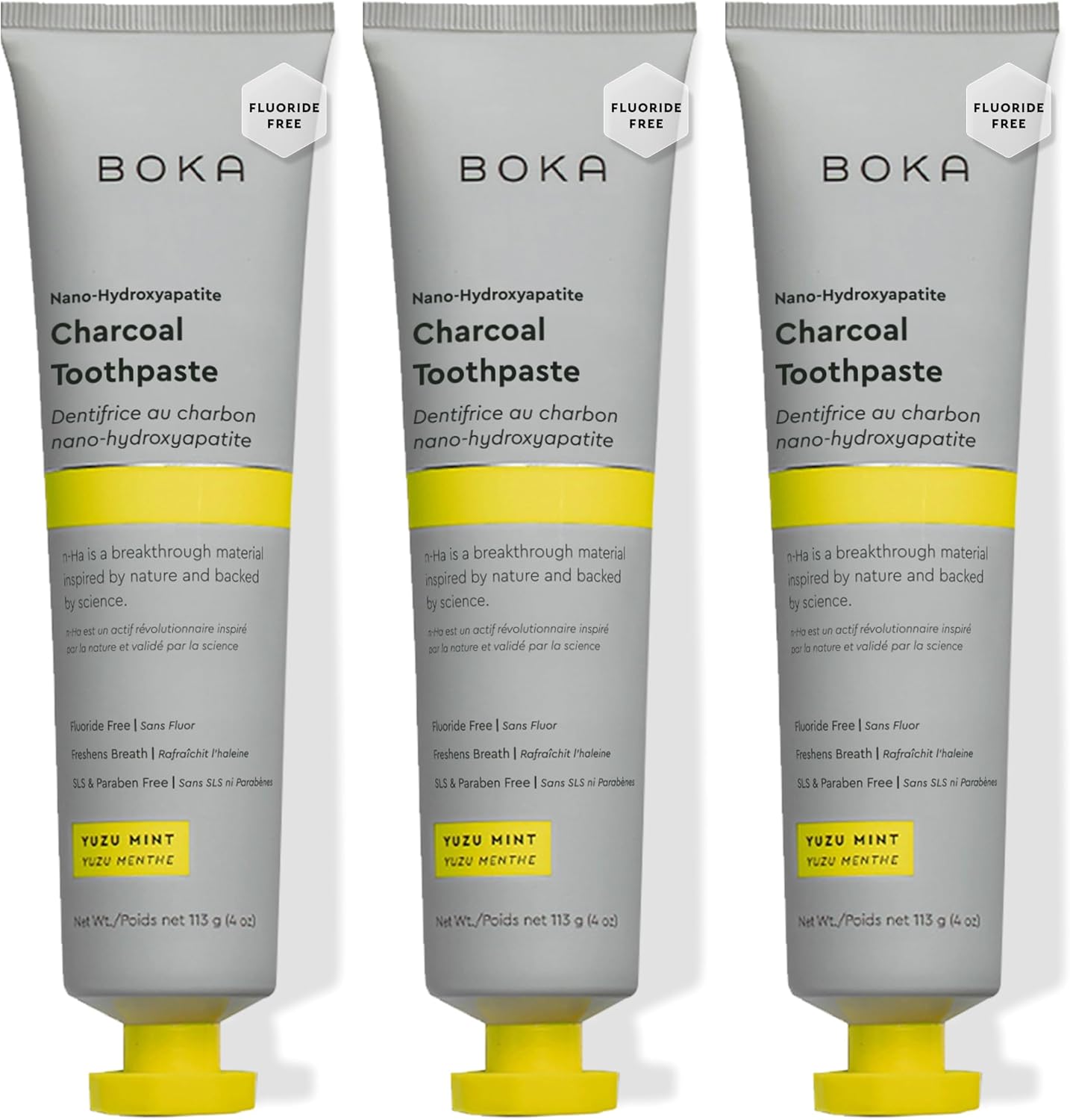 Boka fluoride-free nano hydroxyapatite toothpaste tube designed for sensitive teeth, with a clean white and blue packaging.