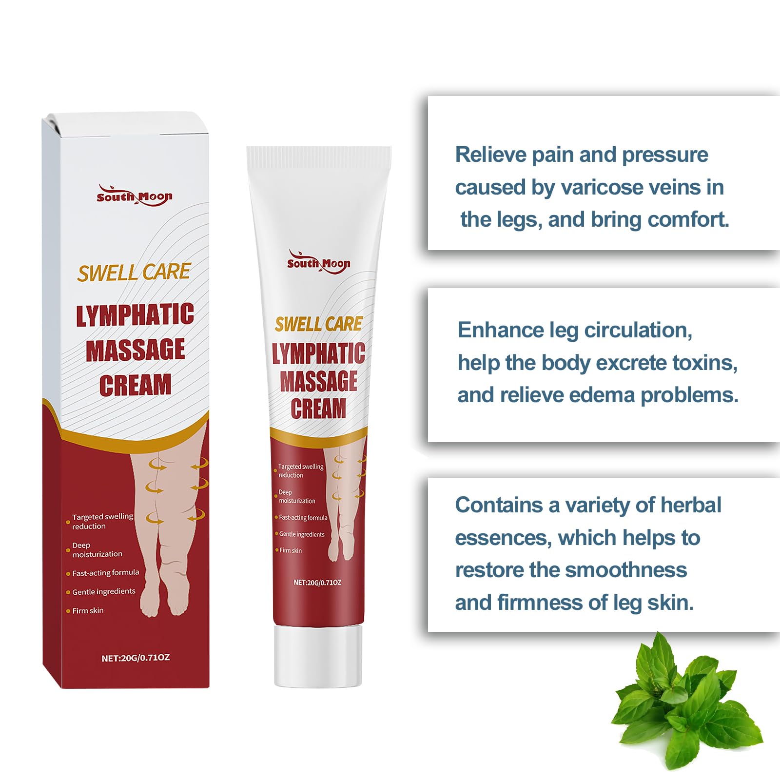 South Moon Swell Care lymphatic massage cream in a 40g jar, moisturizing and soothing skincare product with a smooth texture.
