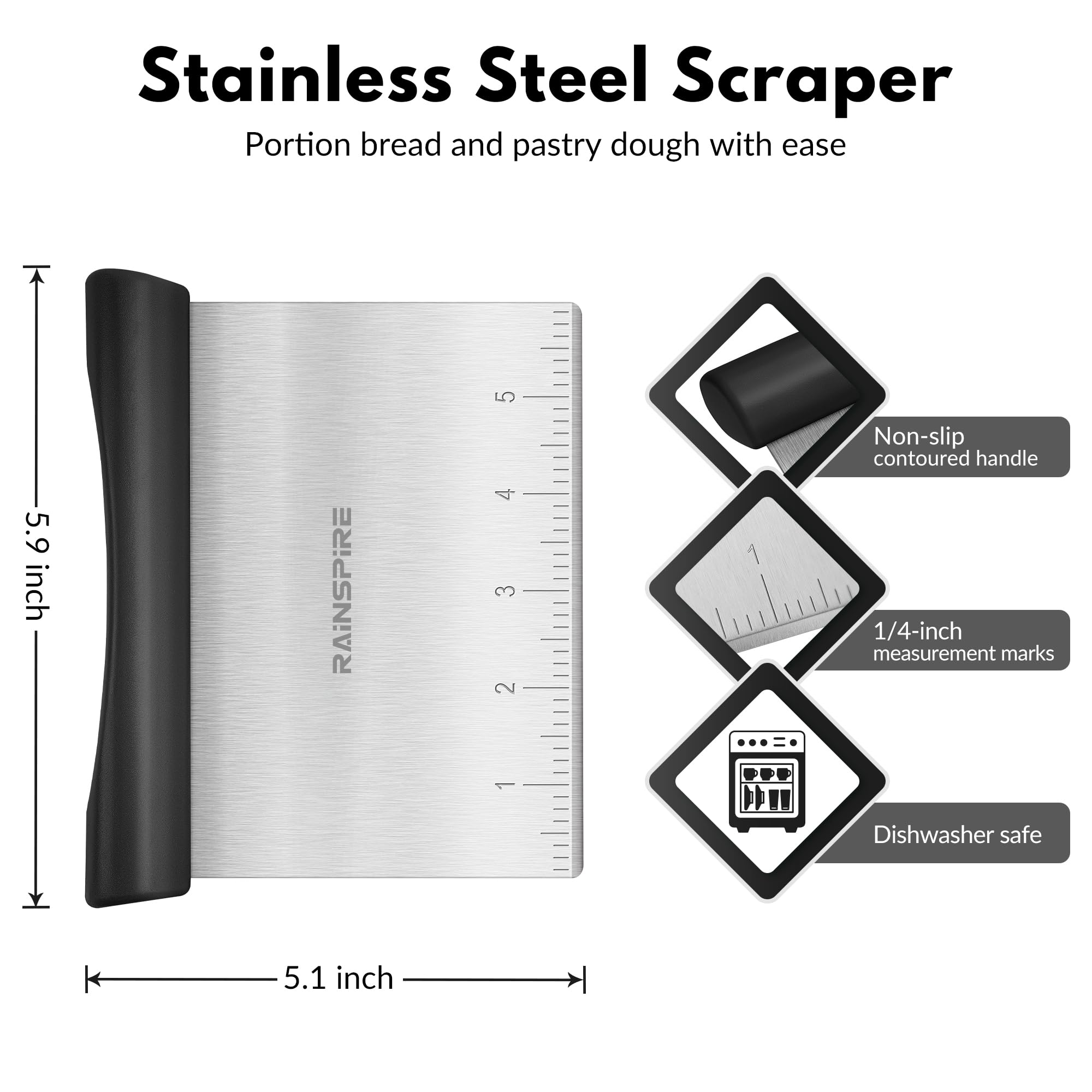 Rainspire Multi-Purpose Stainless Steel Bench Scraper Dough Blender & - View 2