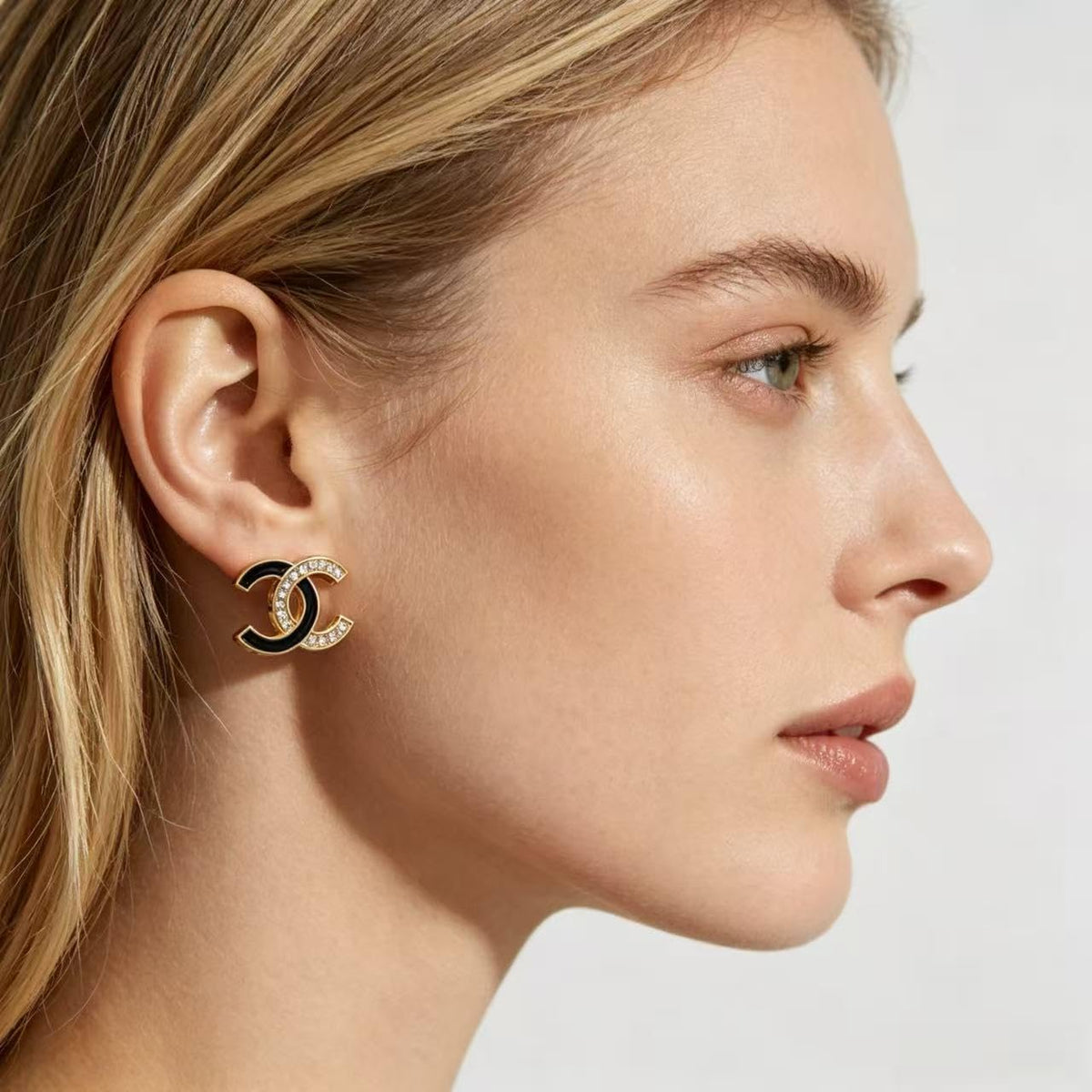 Glossy Black Enamel Rhinestone Two Tone Flat Stud Earrings - Premium Selection Official Imagery - 6