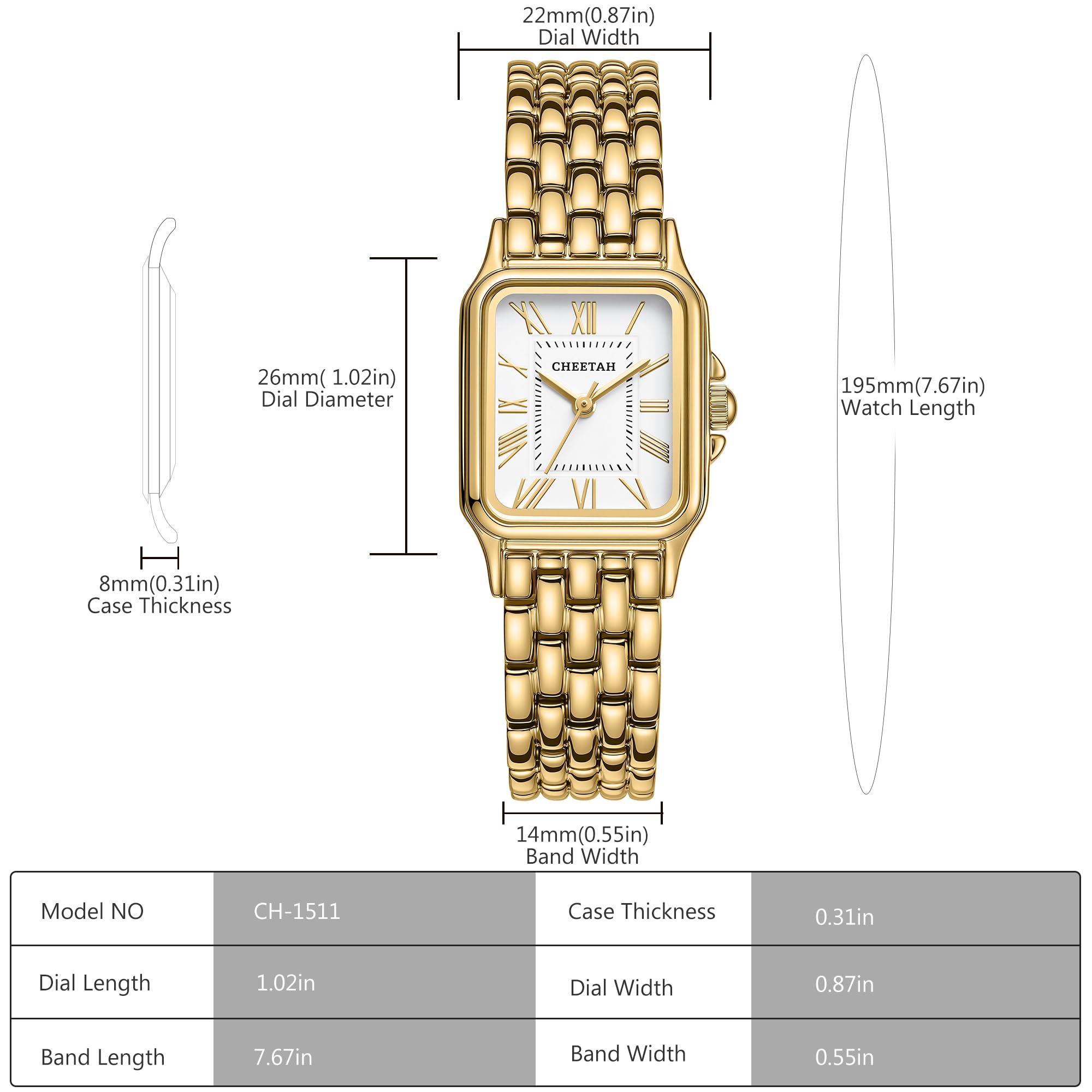 CHEETAH Gold Watches for Women with Vintage Rectangular Case,26mm Case Diameter,Gold Roman Numerals,Metal Steel Band,3ATM Waterproof