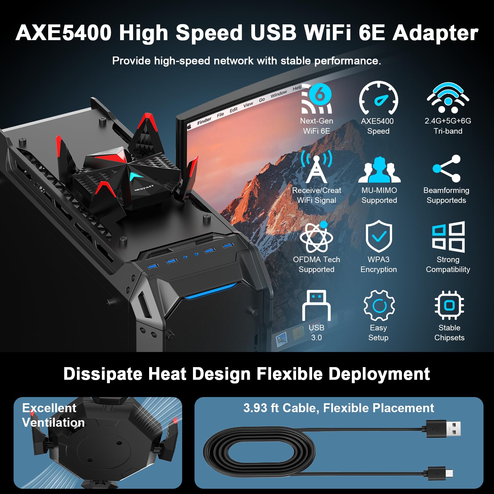 NEWFAST AX5400 USB WiFi 6E Adapter – Tri-Band 5400Mbps