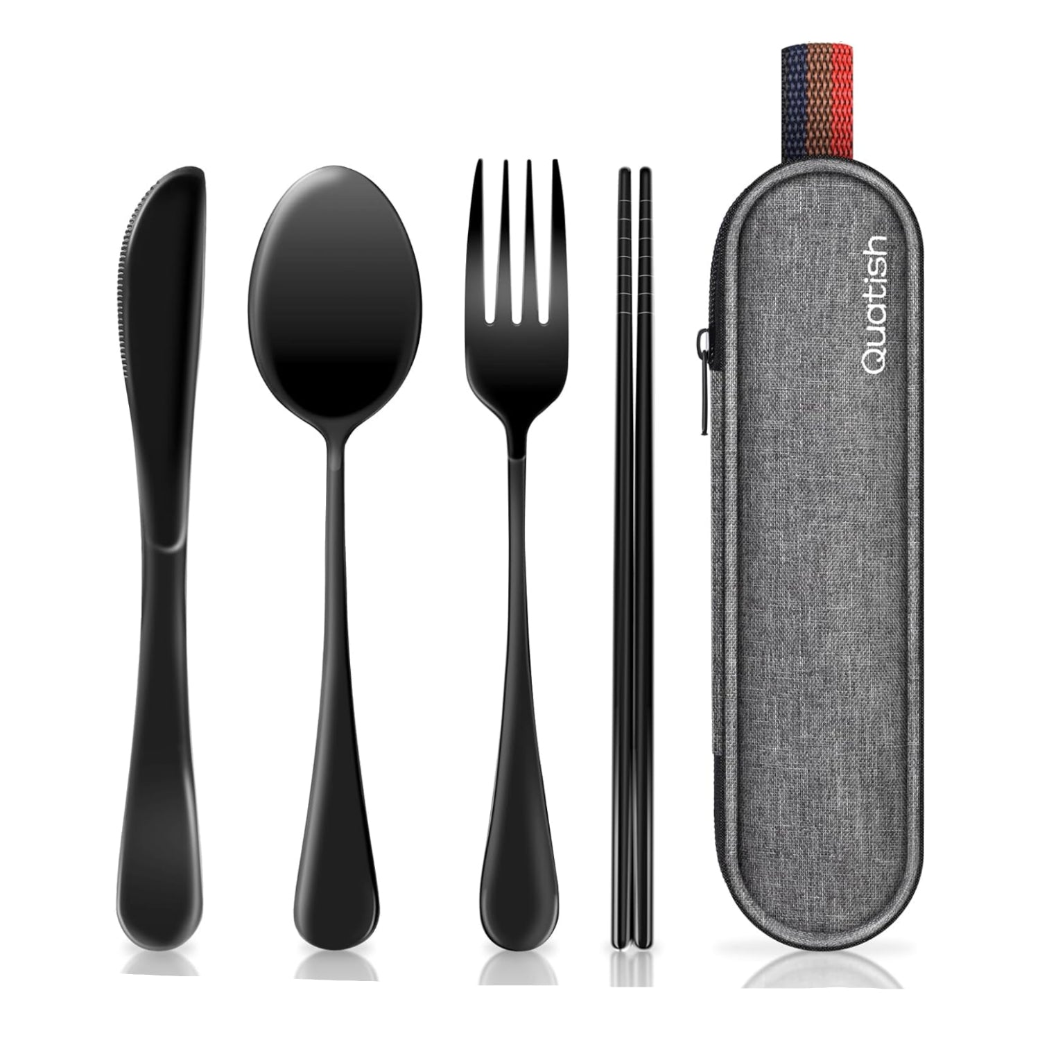 Quatish stainless steel travel utensils set with case, portable silverware for work and on-the-go dining.