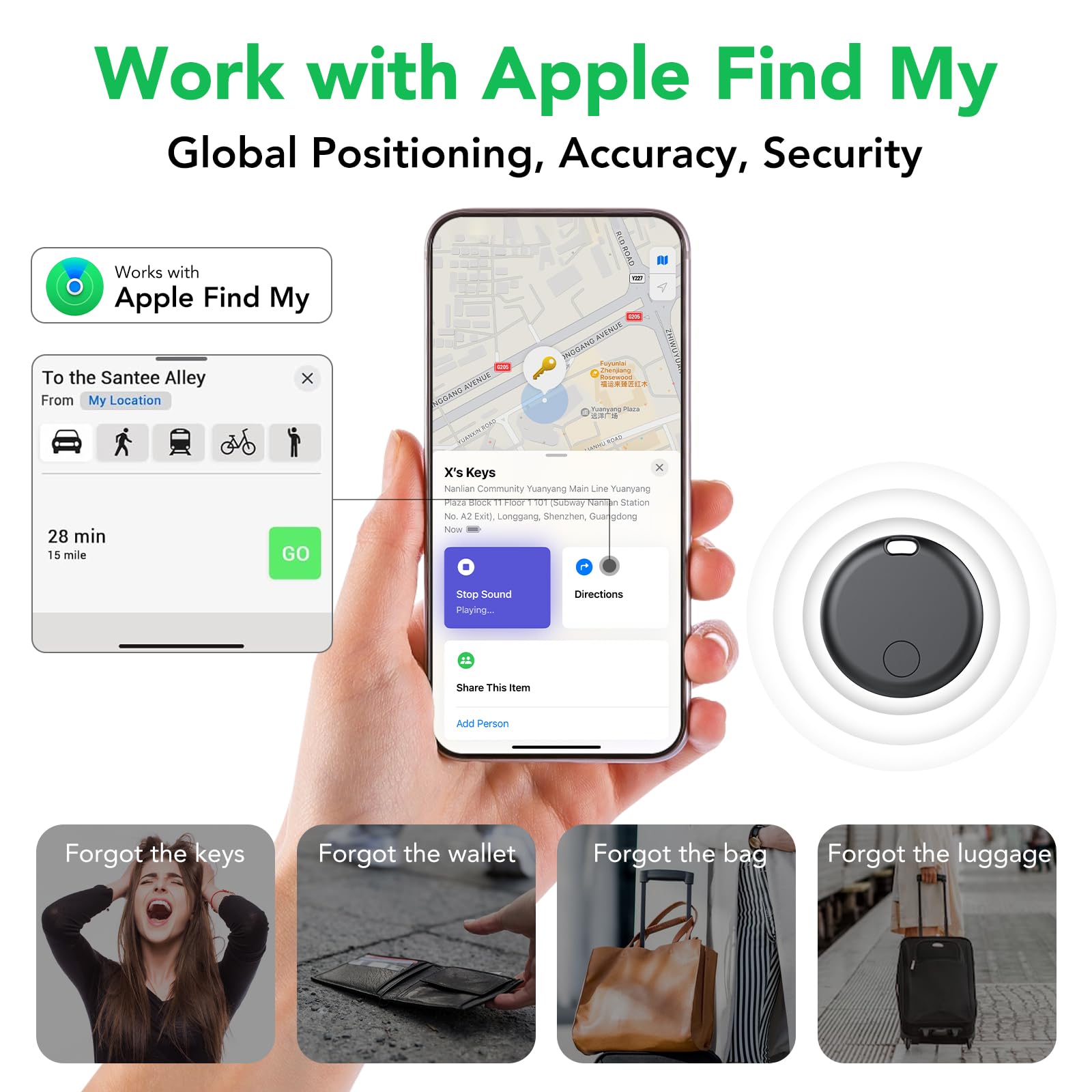 aowoka Air Tracker Tags 4-pack with Bluetooth item finders for keys, luggage, and bags, compatible with Apple Find My app.