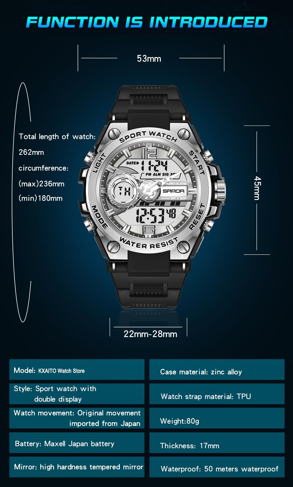 KXAITO Men's Military Sports Watch – LED, Dual Time, Silver