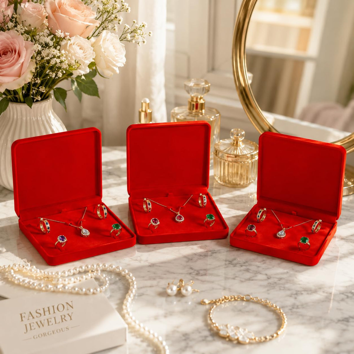 6 Pcs Red Velvet Jewelry Box Set Large Necklace Organizer - YQLHprom Official Imagery - 3