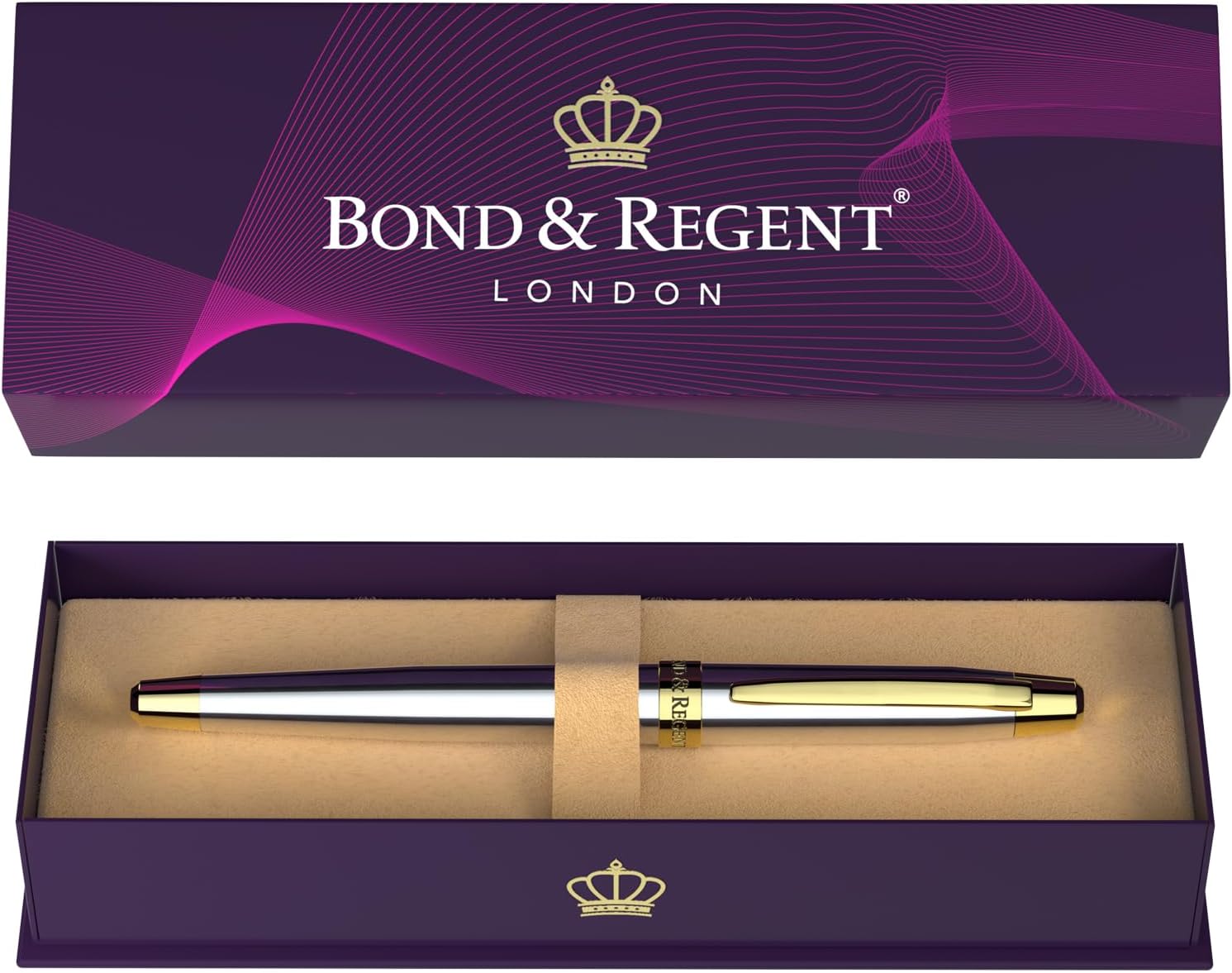 Bond & Regent 24K gold luxury rollerball pen in royal blue with gold accents, showcasing a sleek, elegant writing instrument.