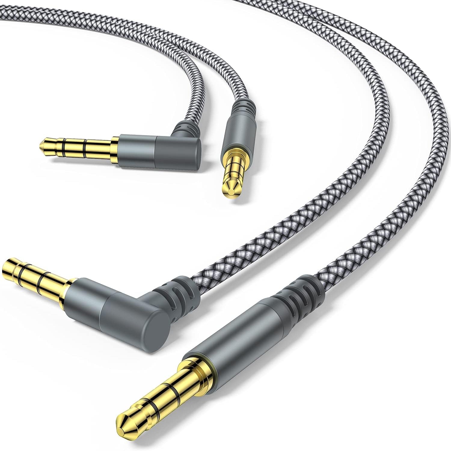 MCSPER 2-pack 6.6ft TRS auxiliary cables with 90-degree 3.5mm connectors, ideal for audio devices and smartphones.