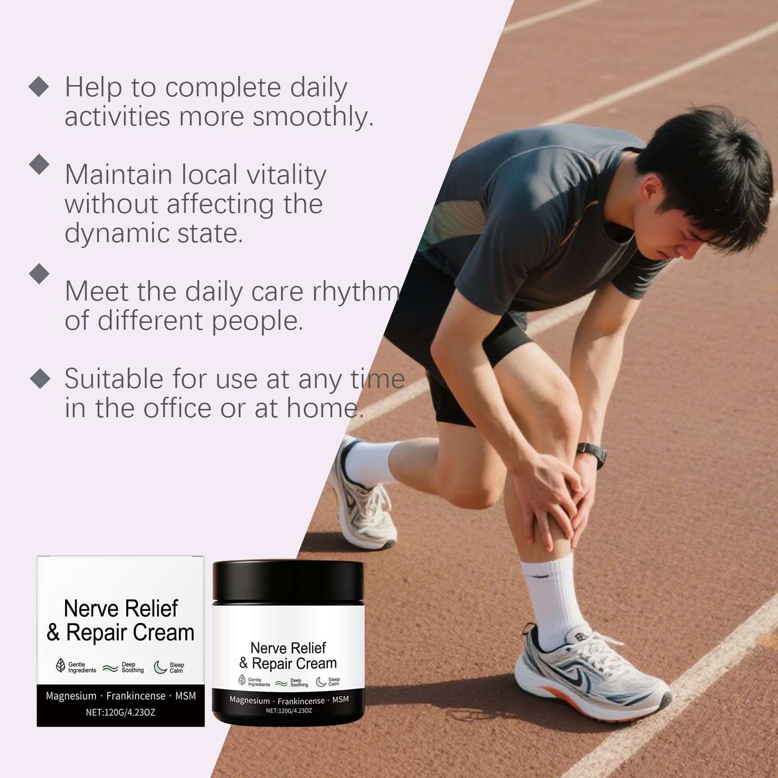 Cream container labeled Nerve Cream Neuropathy Lotion with arnica and magnesium, 4oz, in a skincare moisturizer jar.