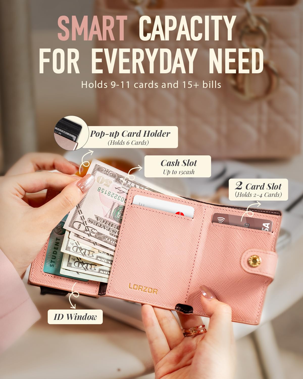 LORZOR Women's RFID Blocking Pop-Up Wallet – Pink Saffiano