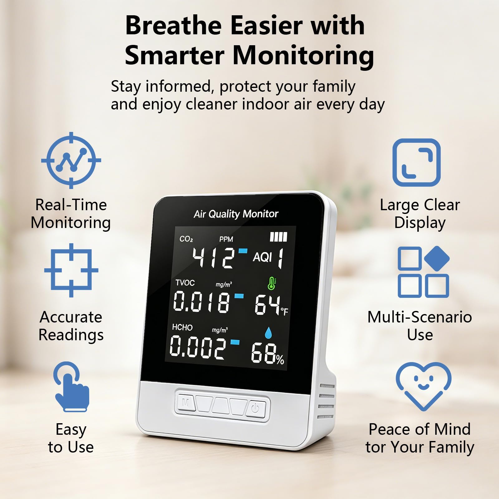 6-in-1 Air Quality Monitor | CO2 TVOC HCHO AQI Meter DA10
