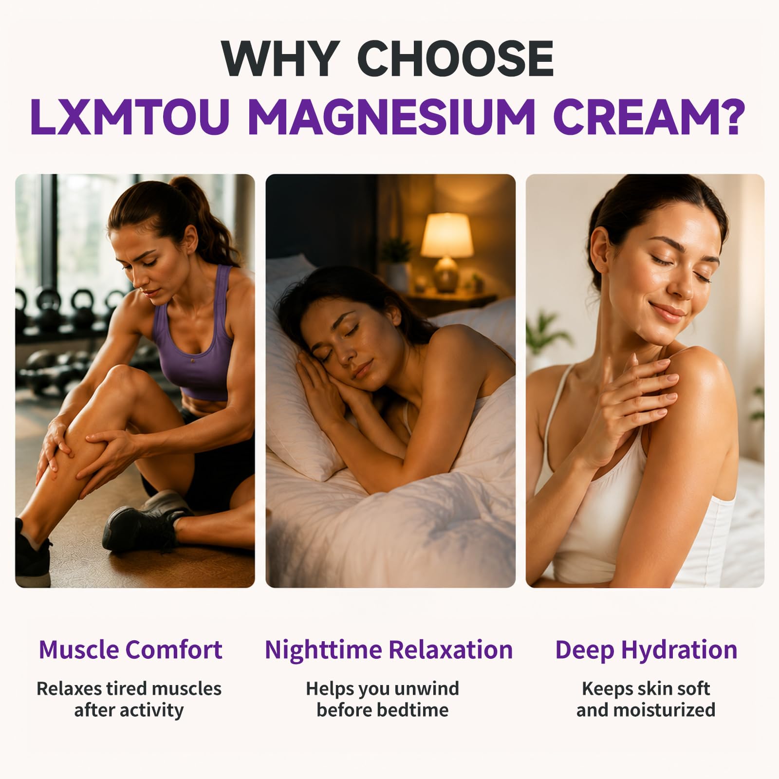 lxmtou Magnesium Cream with MSM and arnica, a skin moisturizer for sleep and muscle relief, shown in a white jar with label.