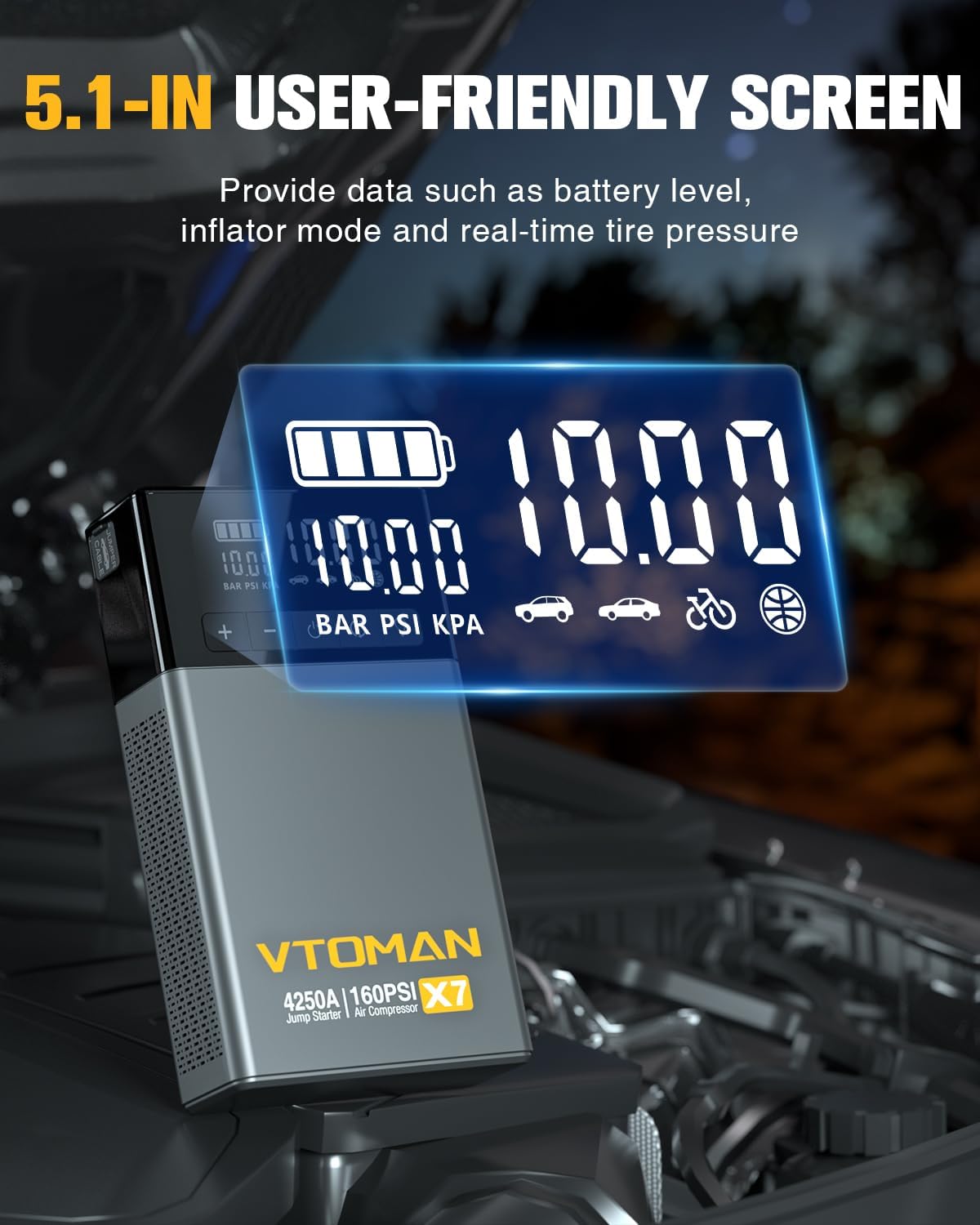 VTOMAN X7 Jump Starter with air compressor, showing digital display, cables, and portable design for trucks and SUVs.
