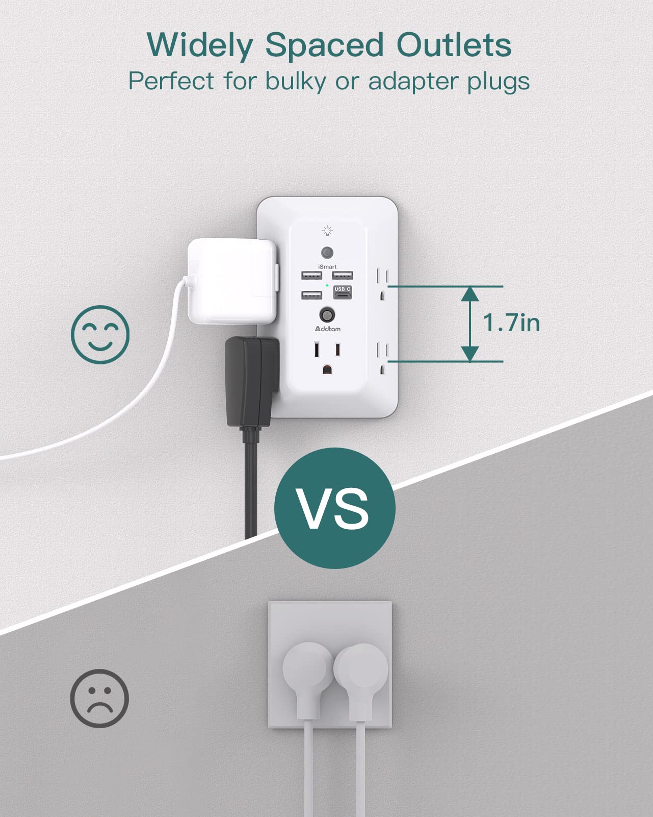 Addtam Surge Protector, 5 Outlet Extender with Night Light and 4 USB Ports - Addtam Official Product View 5