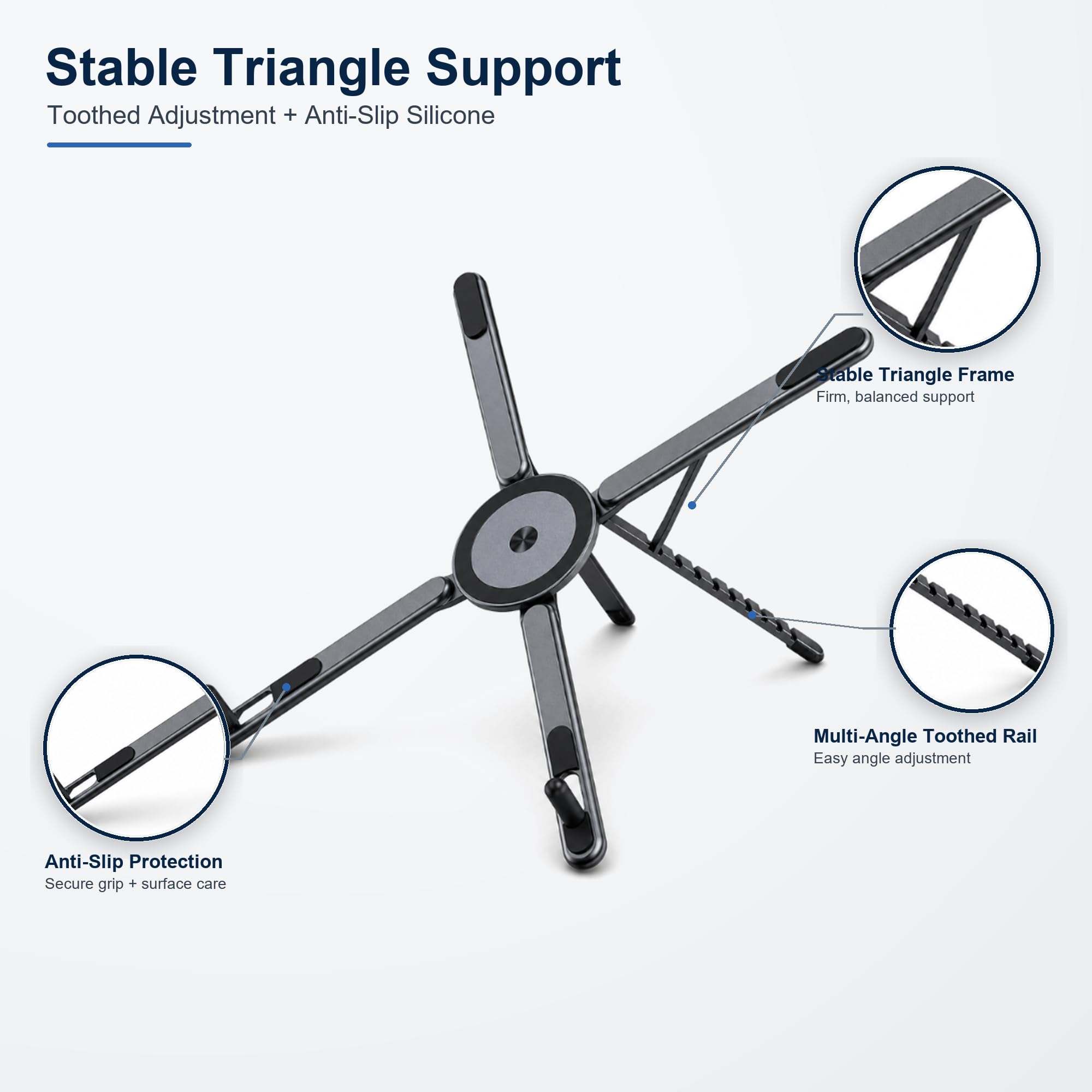 GENTERUN 3-in-1 laptop stand with magnetic phone holder, adjustable aluminum riser for MacBook and iPhone with MagSafe.