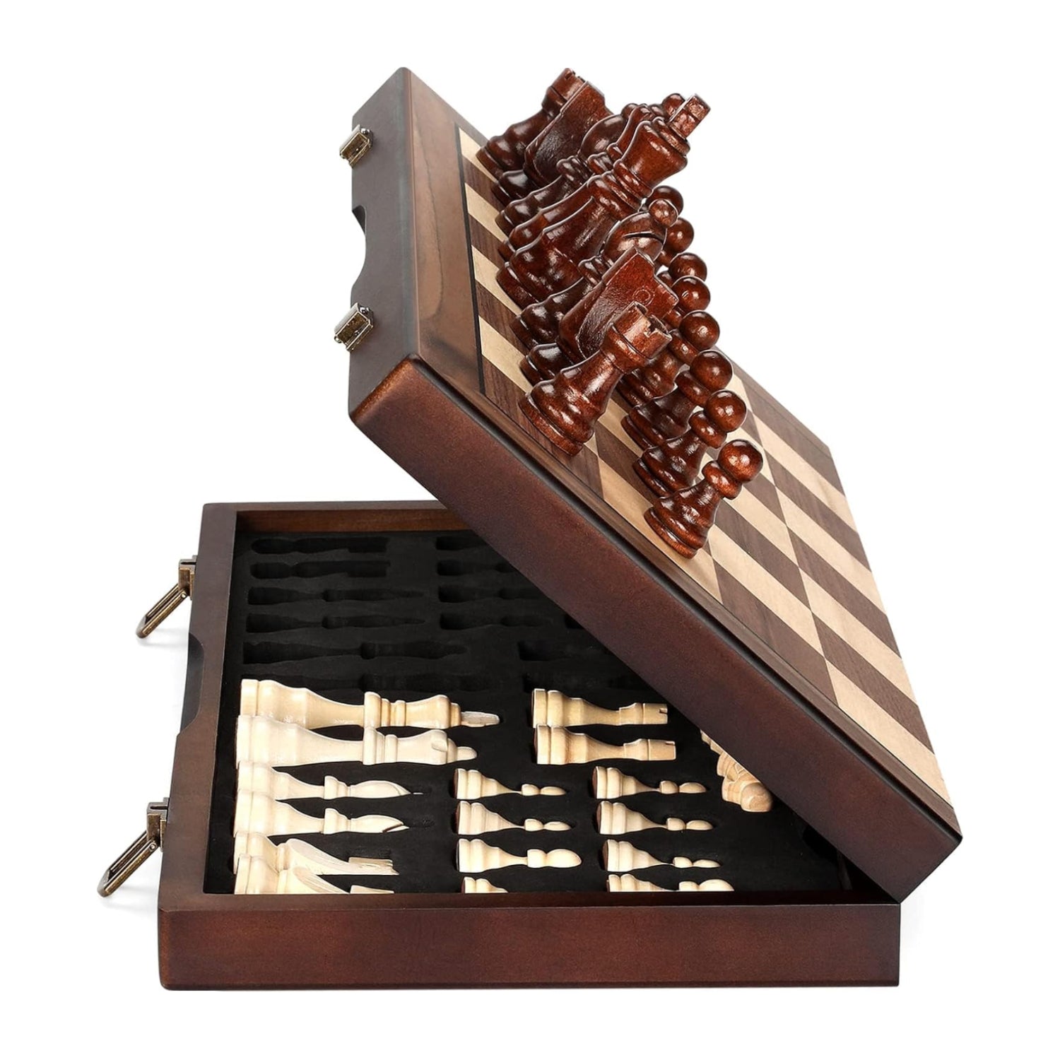 Magnetic wooden chess set with handmade pieces on a 15-inch chessboard, designed for adults and kids by Hurdaos.