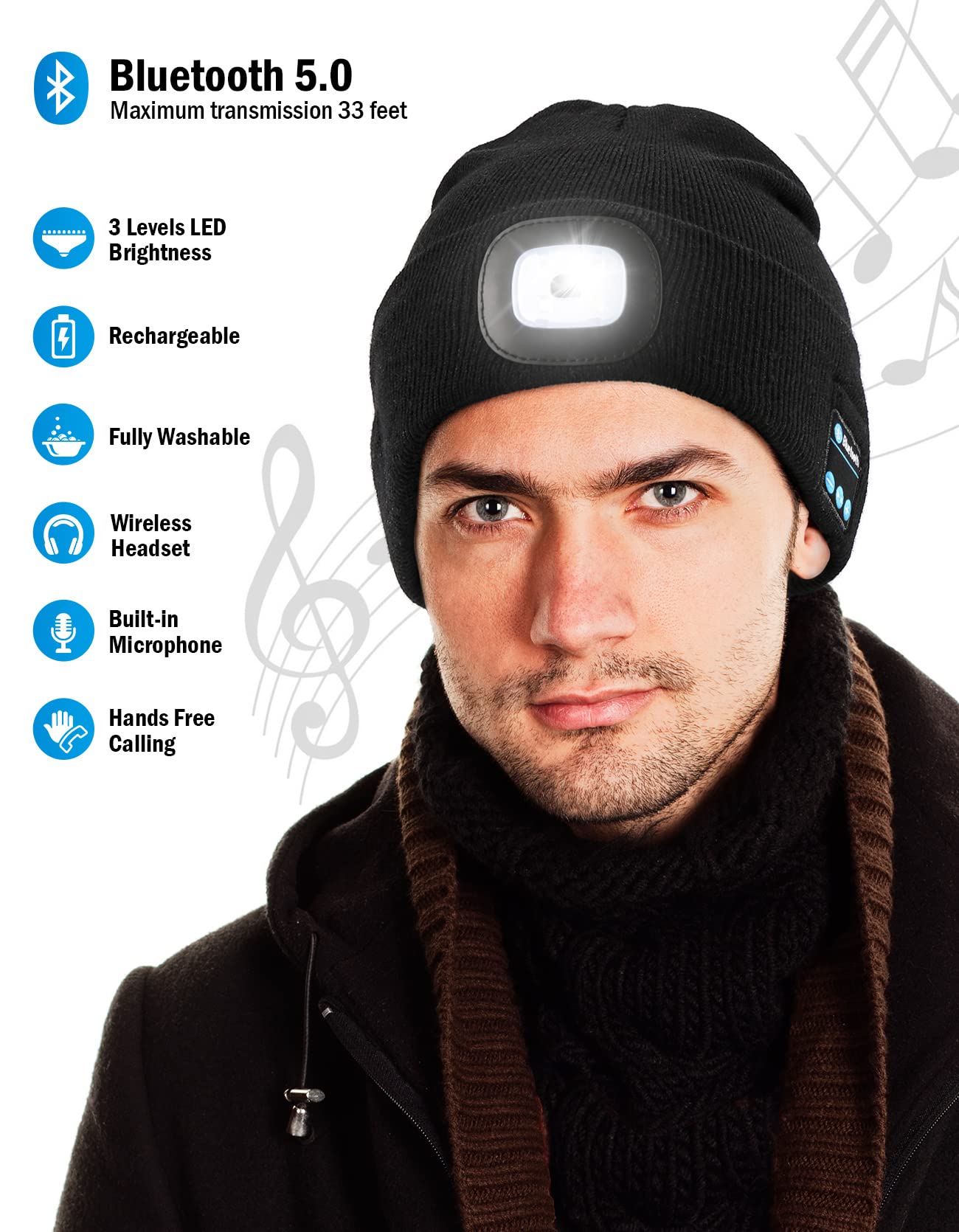 Wmcaps Bluetooth Beanie with LED Light, Winter Hat Gifts for Men by Wmcaps - Angle View 2