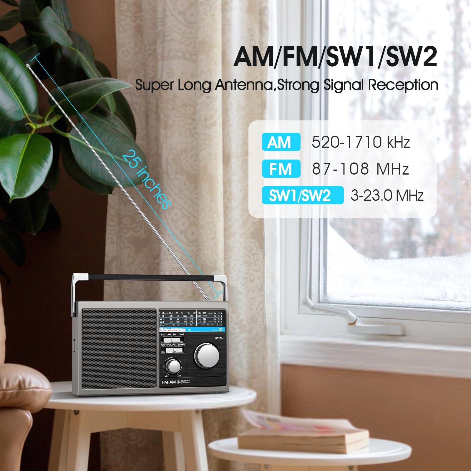 Yewrich Portable AM FM Shortwave Radio with Bluetooth, Gray