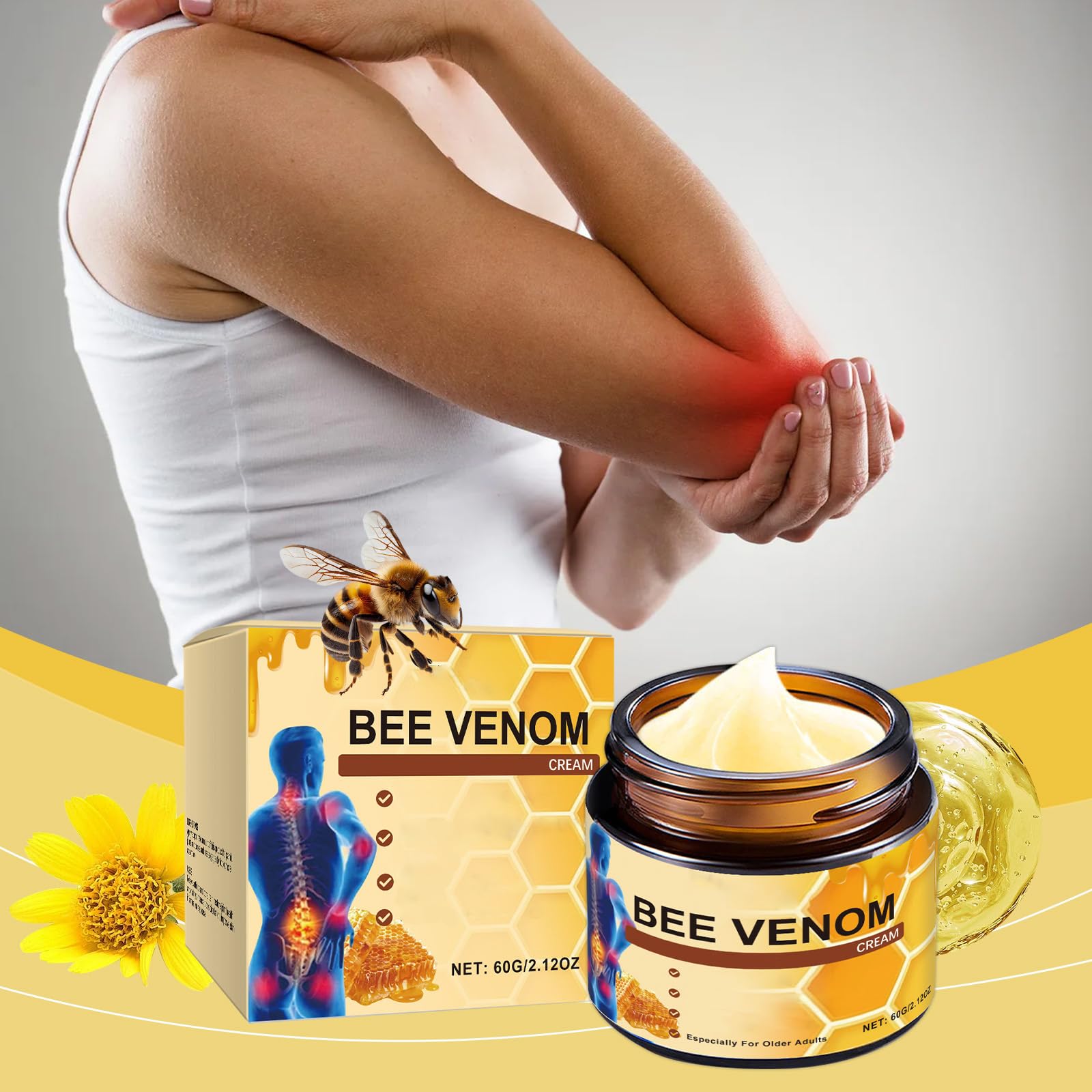 OSFRIAGE Bee Venom Joint Gel 60g for back, knee, and neck pain relief, displayed in two tubes with pink and white packaging.