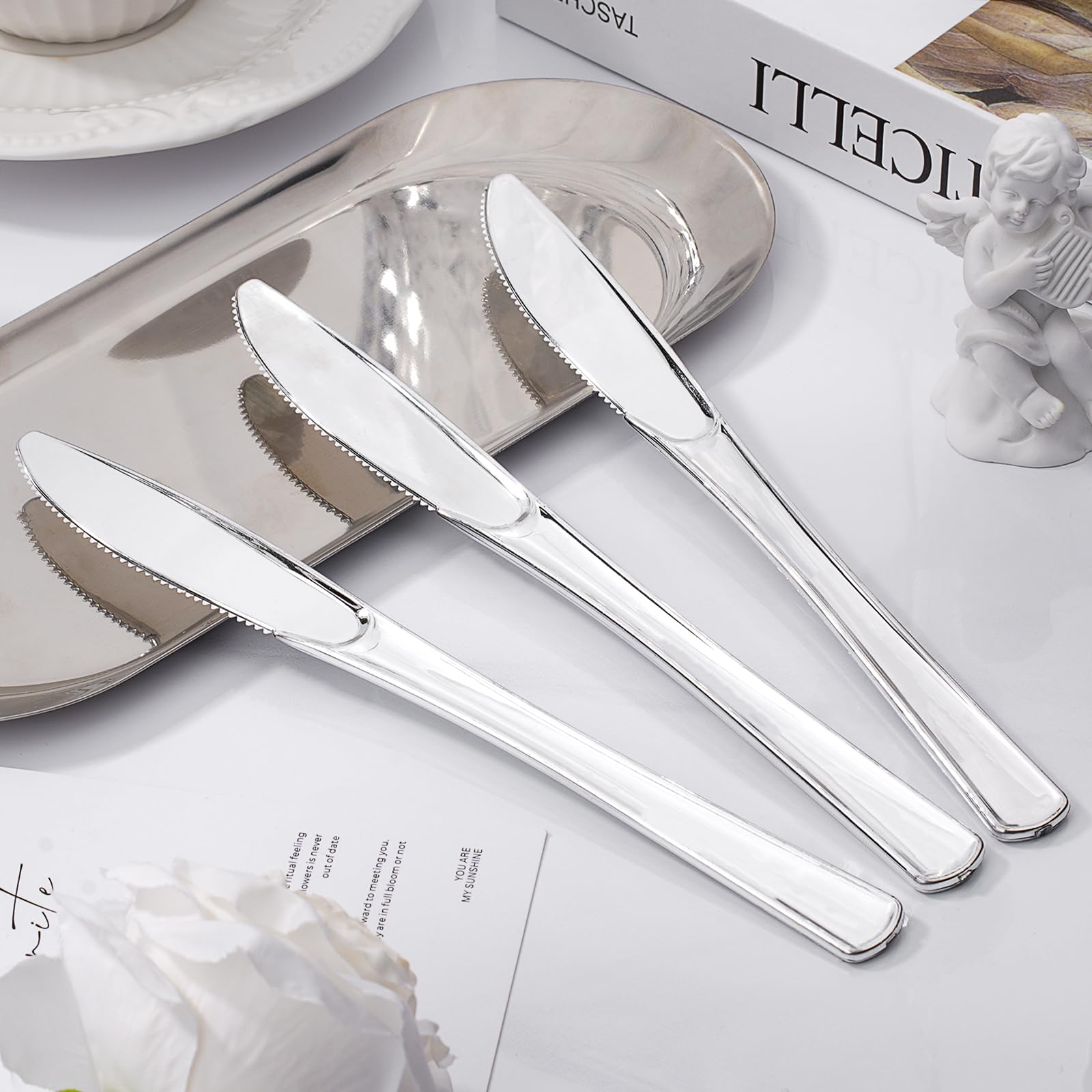BESTVIP 100 Count Silver Disposable Plastic Knives, Look Like Rea - BESTVIP Official Product View 5
