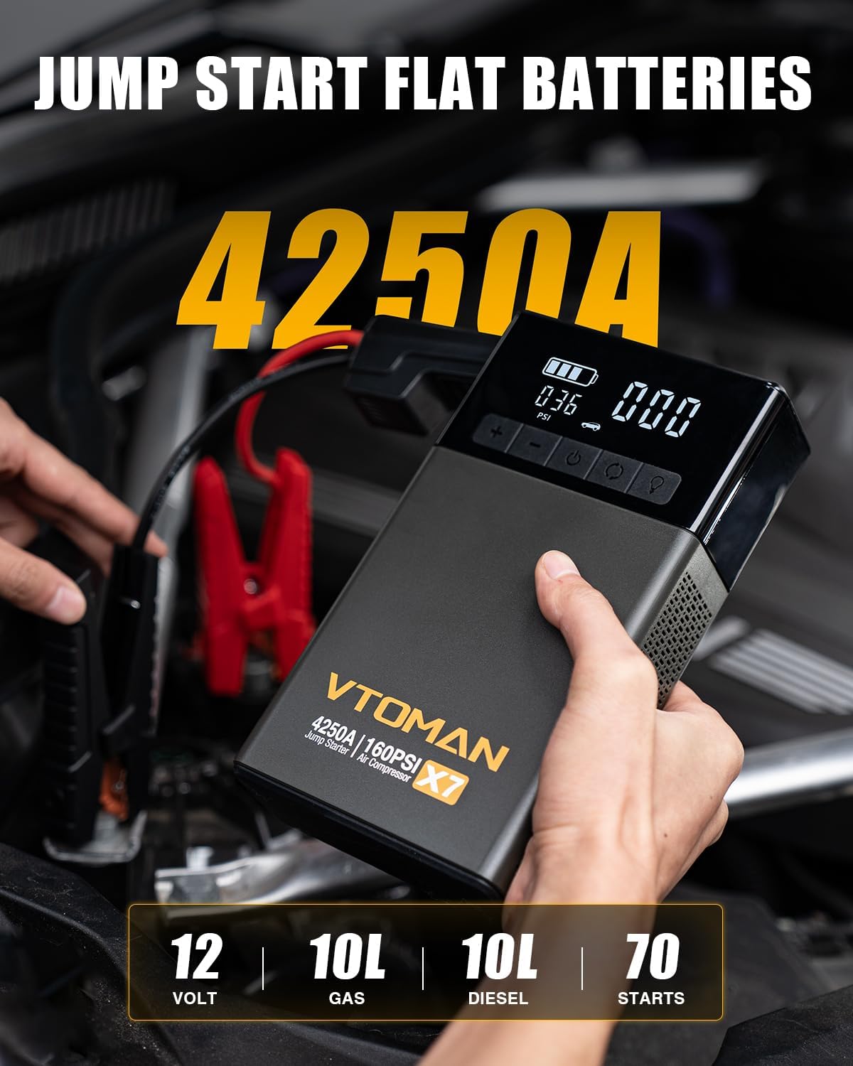 VTOMAN X7 Jump Starter with air compressor showing digital display and ports, suitable for pickup trucks and SUVs.