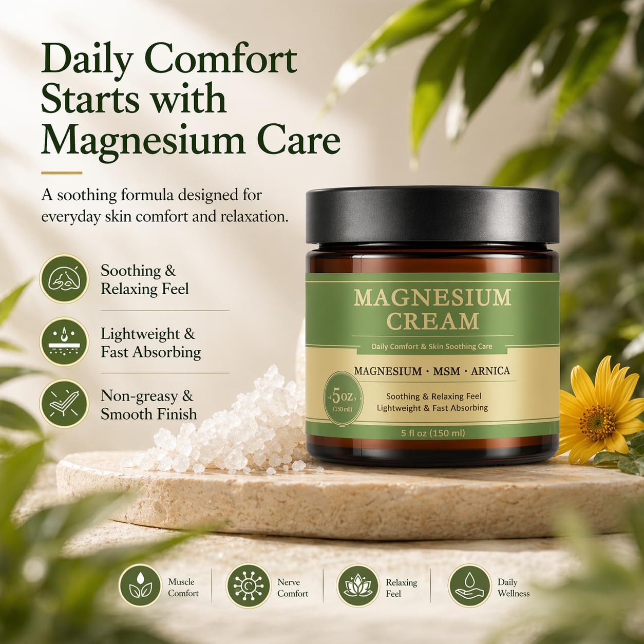 Relief Magnesium Cream Soothing Nerve Formula Cream with MSM & Arnica for Knees Muscle Support, 5 Fl Oz (150Ml)