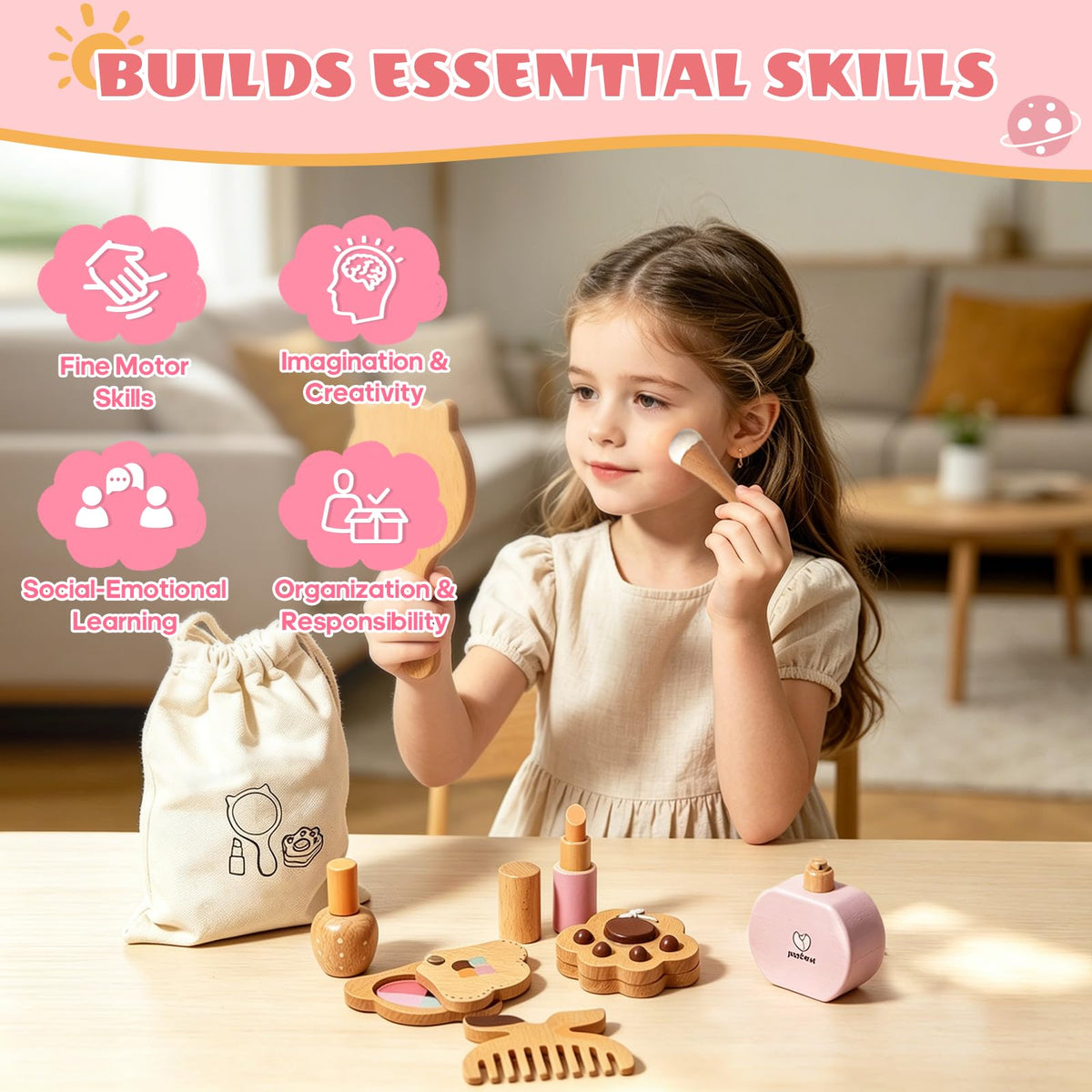 Brownroot Wooden Pretend Makeup Kit Toy Set for Girls with - BROWNROOT Official Imagery - 6