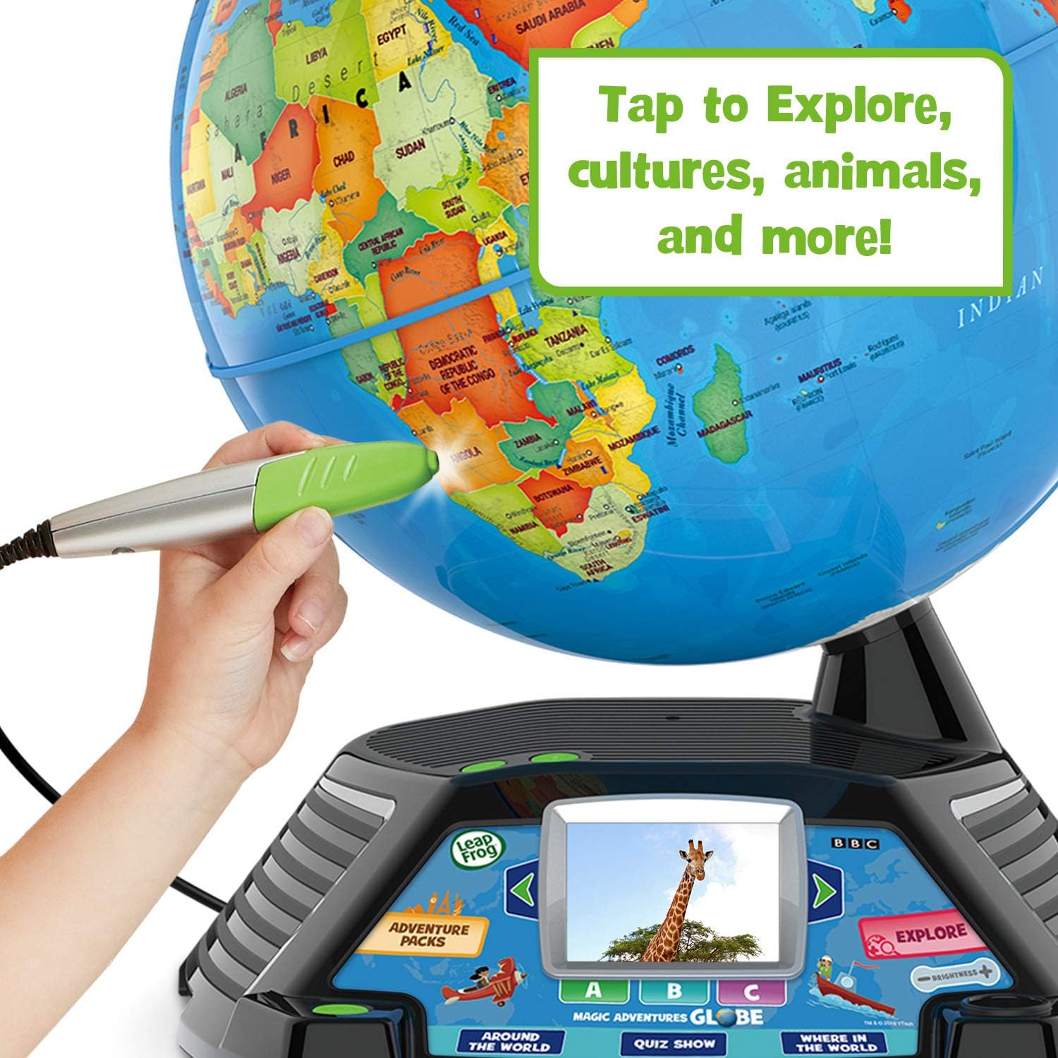 LeapFrog Magic Adventures Globe in frustration-free packaging, featuring colorful interactive globe for educational play.