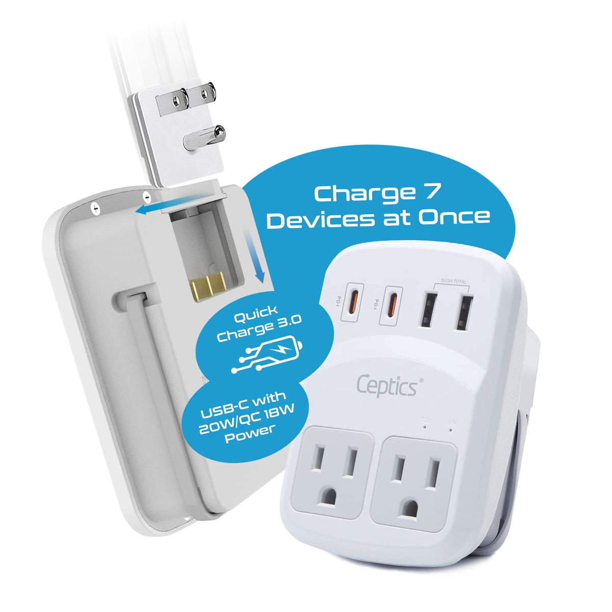 Ceptics World Travel Adapter Kit 2 USB A USB C US Outlets - Ceptics Official Imagery - 4